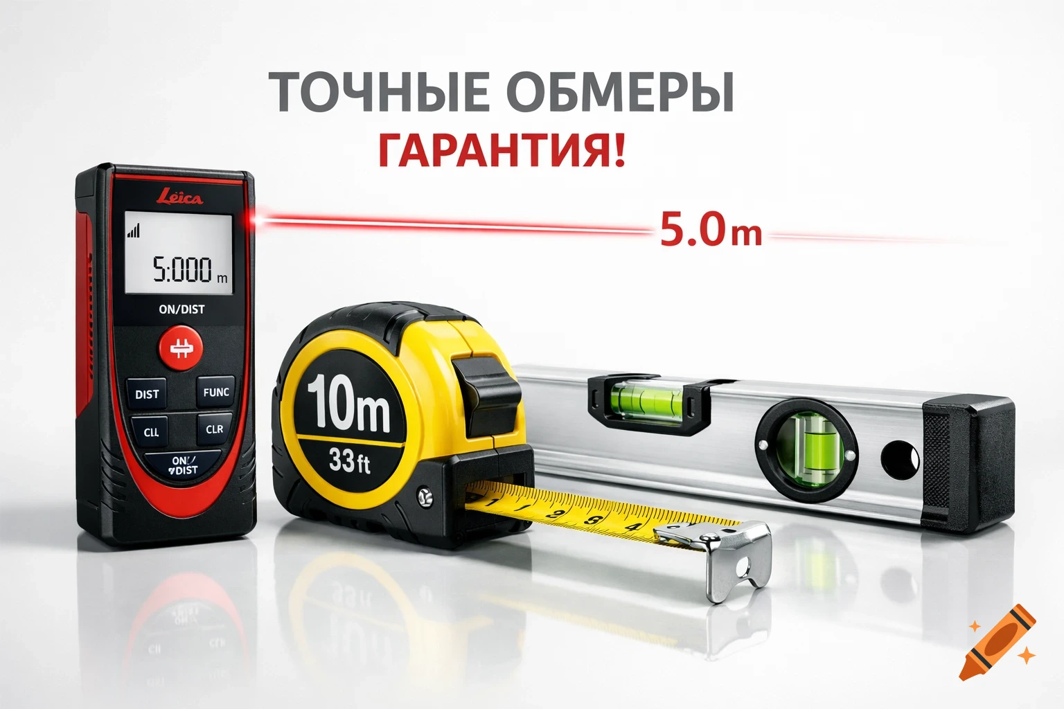 Photorealistic image of a red and black laser distometer displaying 5.000m, a yellow tape measure, and a silver spirit level on a white background. A red laser line indicates 5.0m. Russian text at the top reads "Accurate Measurements Guarantee!"