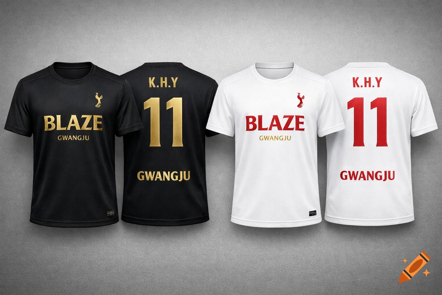 Front and back views of black and white soccer jerseys featuring 'BLAZE', 'GWANGJU', 'K.H.Y', and the number '11'. The black jersey has gold text, the white has red.