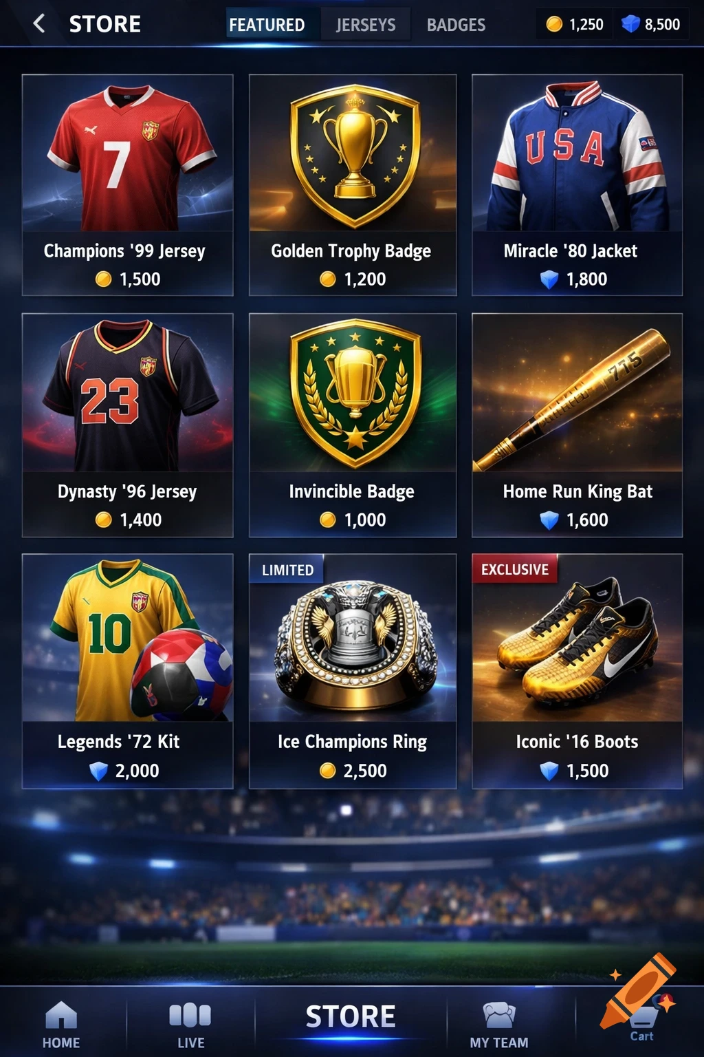 A digital sports app storefront displays a grid of collectible jerseys, badges, jackets, a bat, a ring, and boots, with pricing and UI elements.