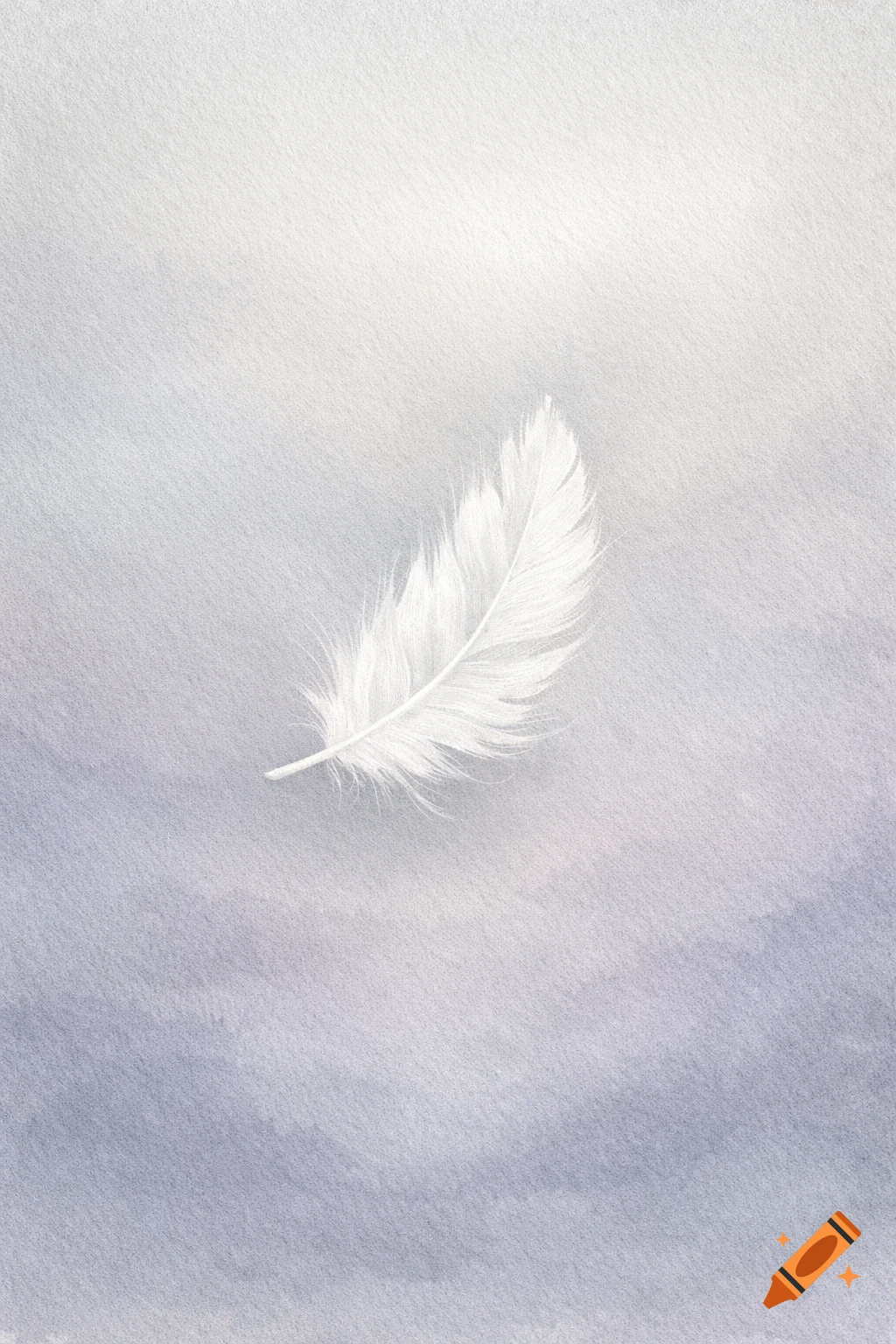 A single white feather floats against a soft grey and lavender watercolor background.