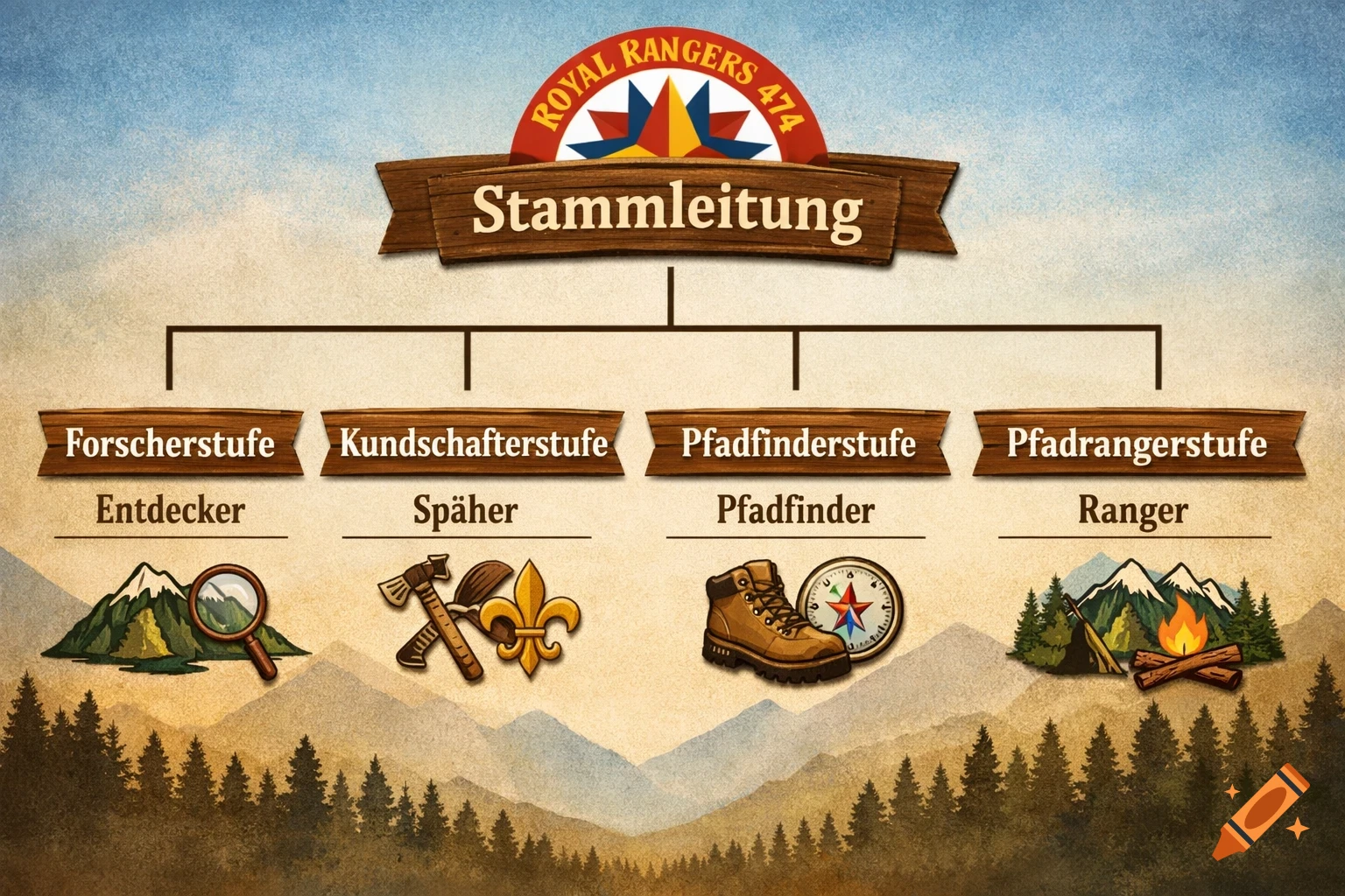 An illustrated organizational chart for 'Royal Rangers 474 Stammleitung' (headquarters) showing four levels: 'Forscherstufe (Entdecker)', 'Kundschafterstufe (Späher)', 'Pfadfinderstufe (Pfadfinder)', and 'Pfadrangerstufe (Ranger)', each with relevant outdoor activity icons against a mountain and forest backdrop.