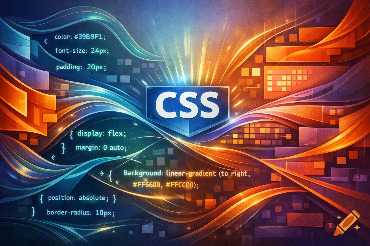 Vibrant, abstract digital art featuring the CSS logo with glowing code snippets on a blue and orange background.