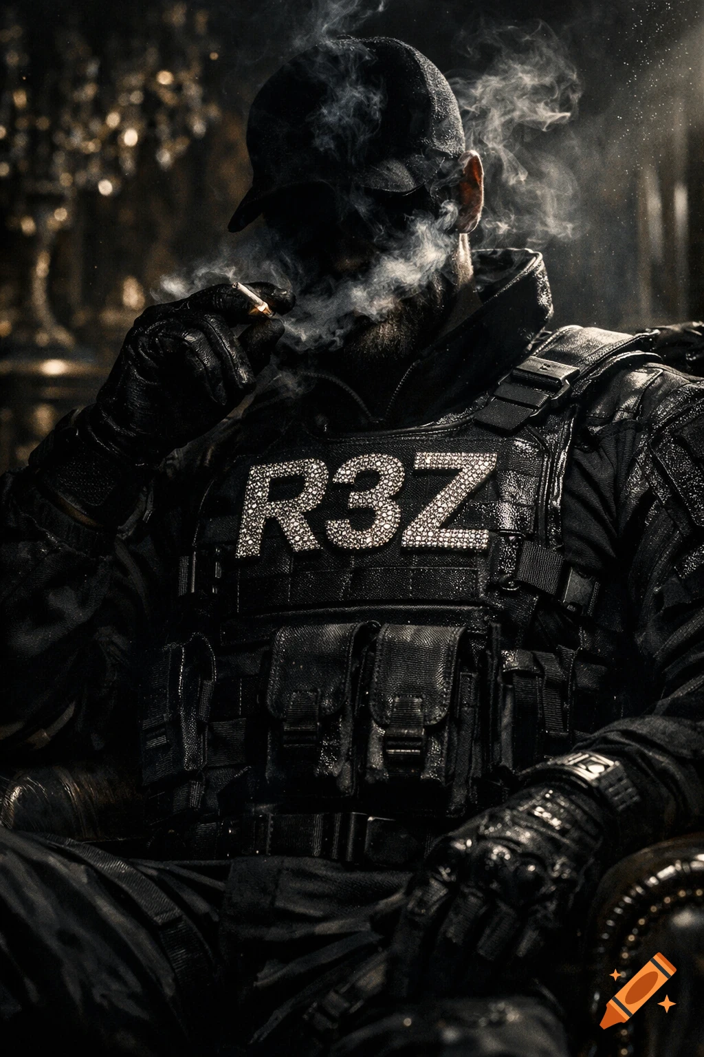 A man in black tactical gear with "R3Z" in diamonds on his chest, face obscured by smoke, sits smoking in a dark room.