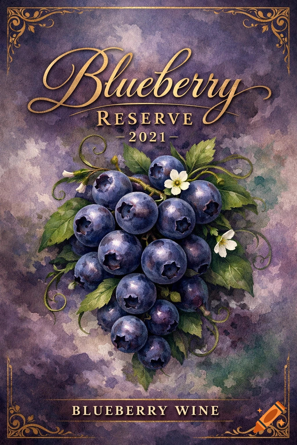 A watercolor style blueberry wine label with golden script text, featuring a cluster of blueberries, leaves, and small white flowers.