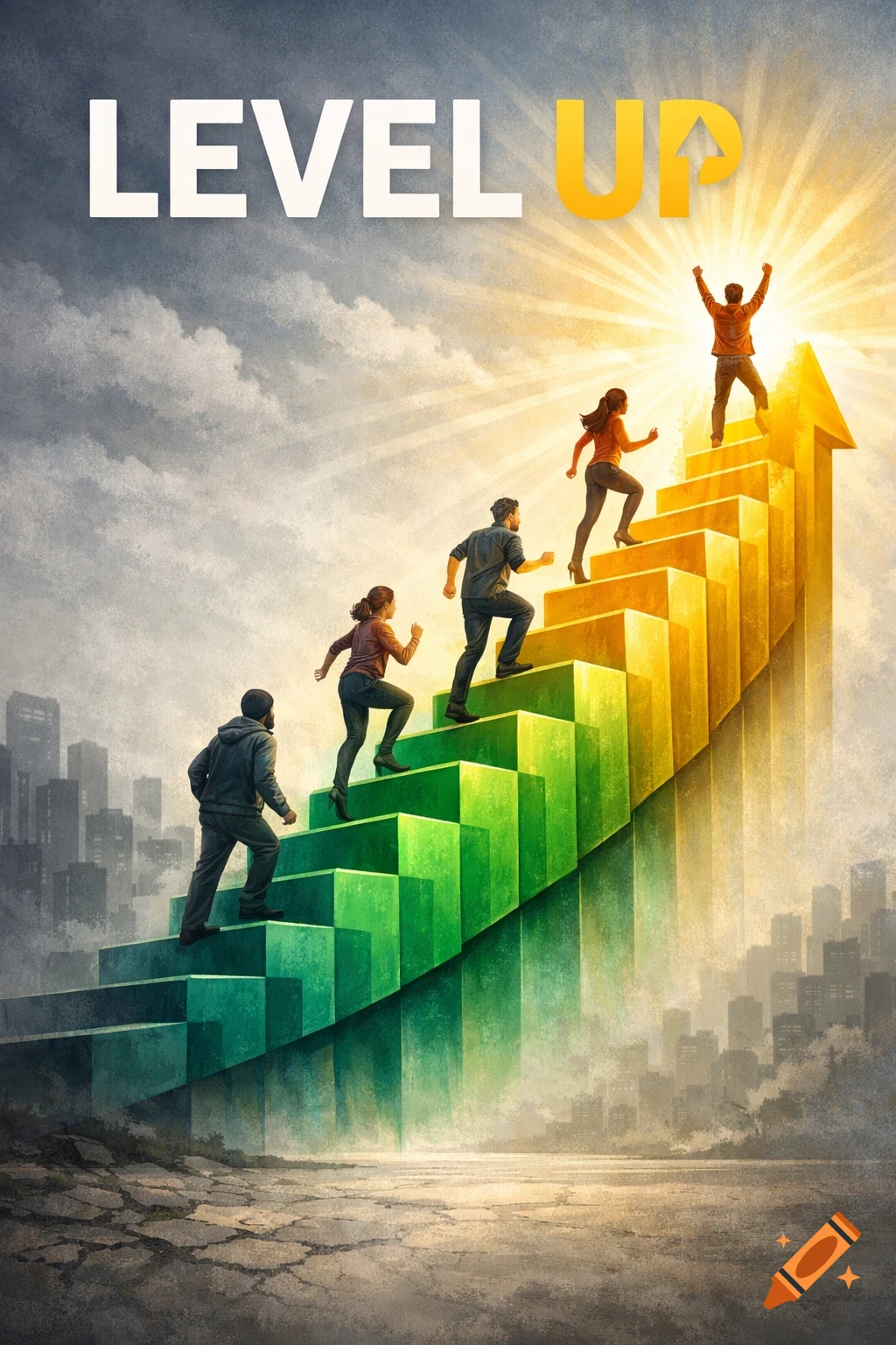 Four figures climb a green-to-yellow arrow staircase towards a bright light, with a cityscape in the background and 'LEVEL UP' text. Illustration.