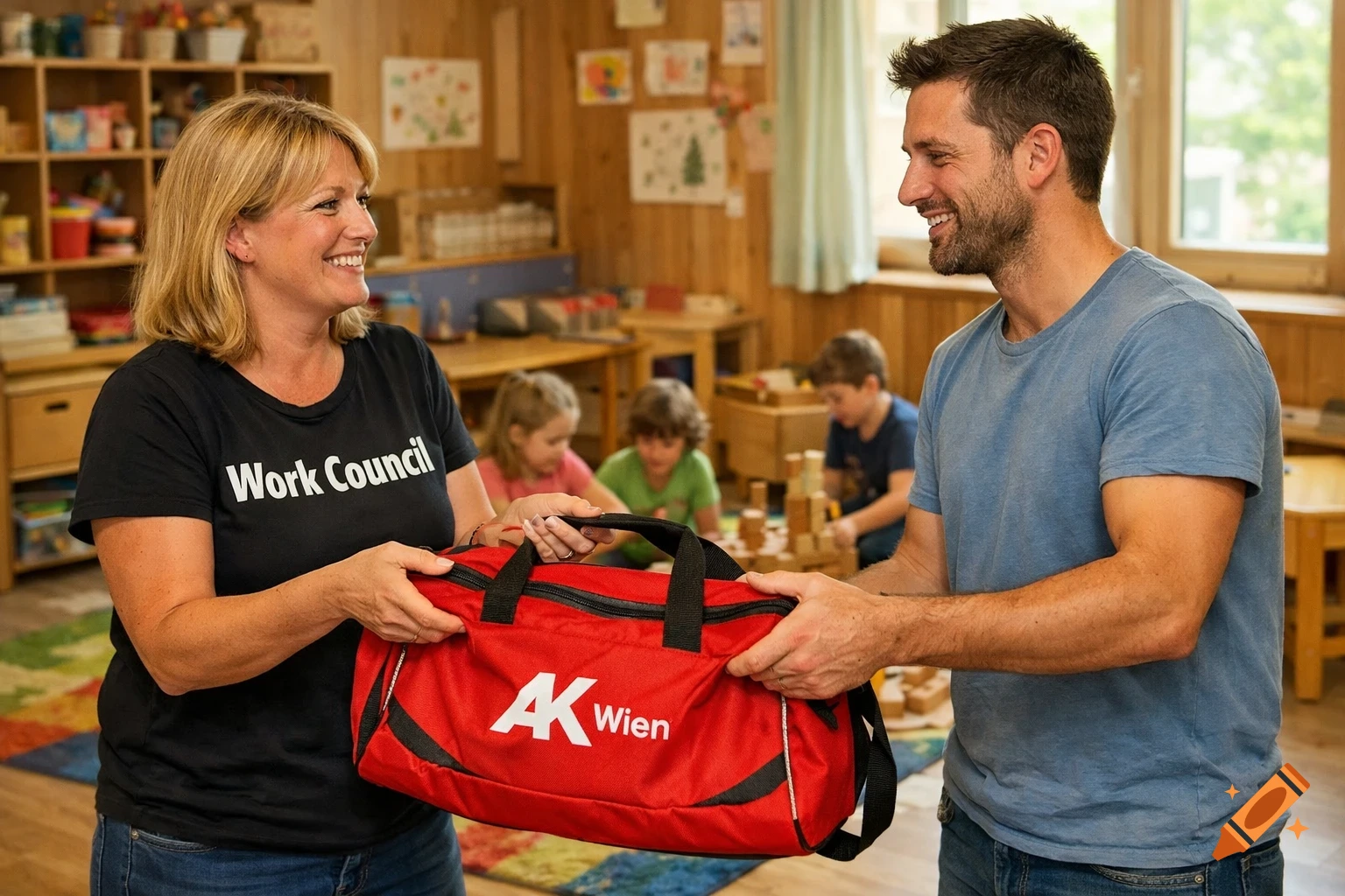 Photorealistic image: A smiling woman in a "Work Council" t-shirt hands a red "AK Wien" bag to a man in a kindergarten.
