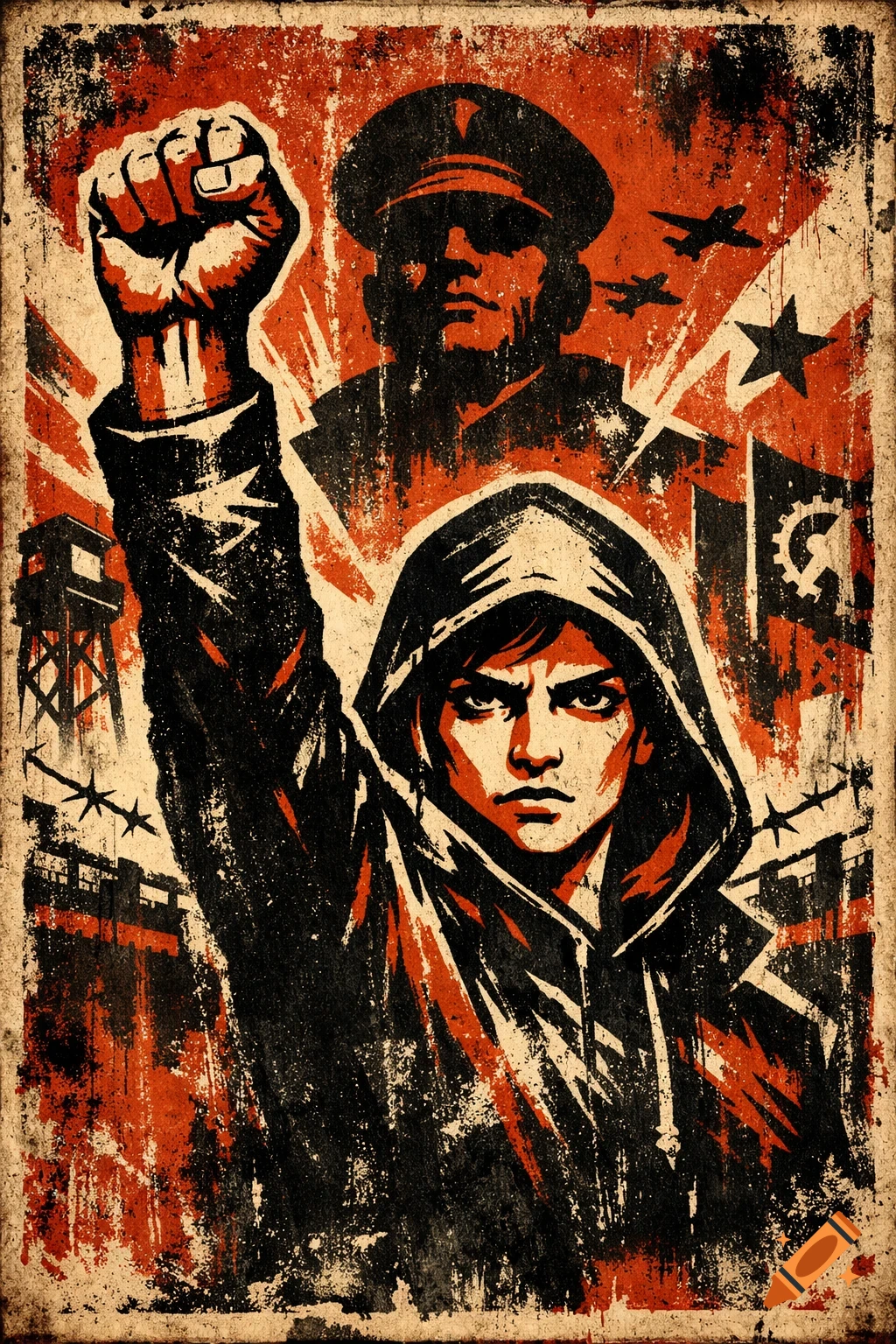 A distressed propaganda-style poster shows a person in a hood with a raised fist, a shadowy military figure, planes, and a watchtower, in red, black, and beige.