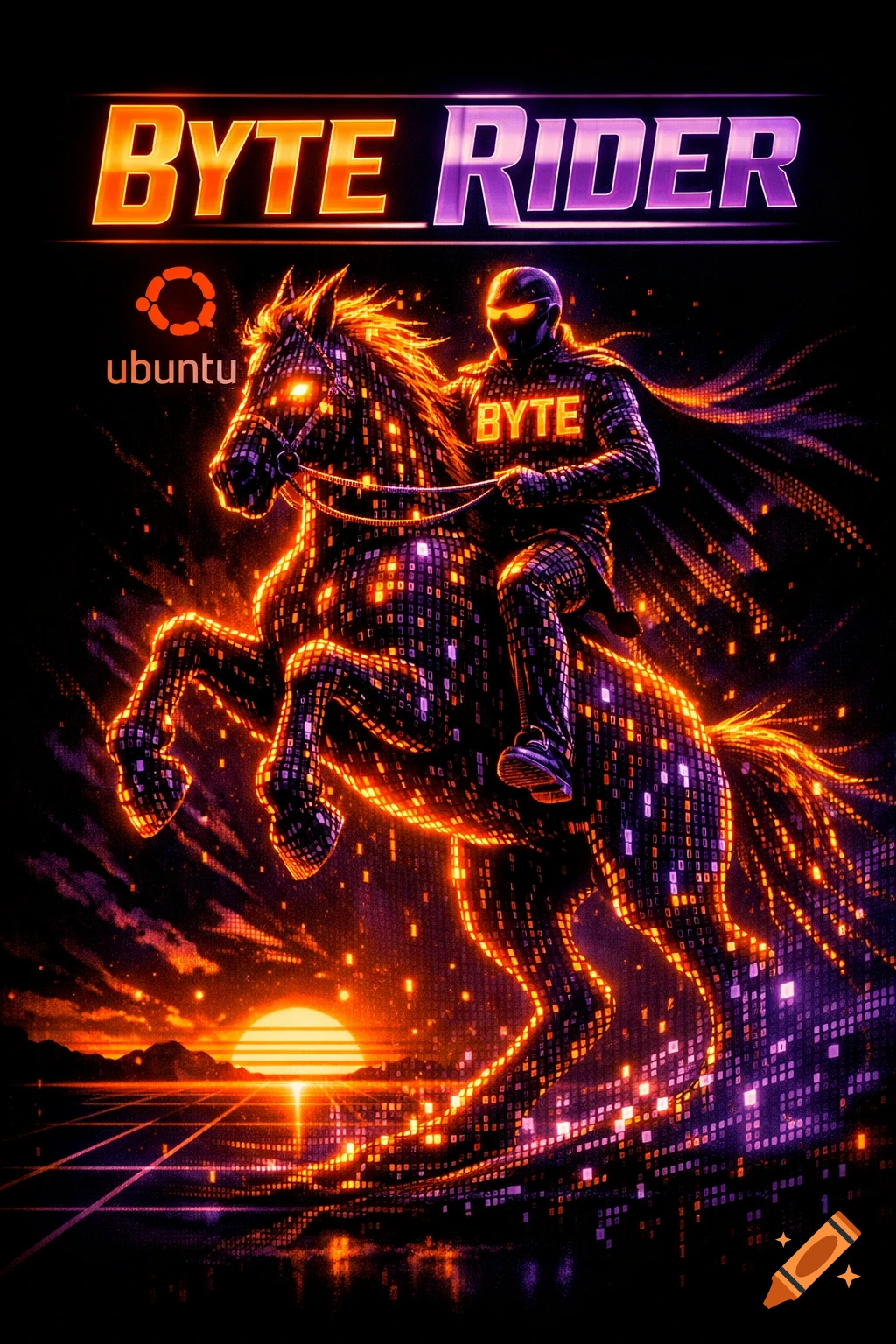 A futuristic rider on a glowing horse made of binary code, with a neon sunset. Titled 'Byte Rider' with Ubuntu logo.