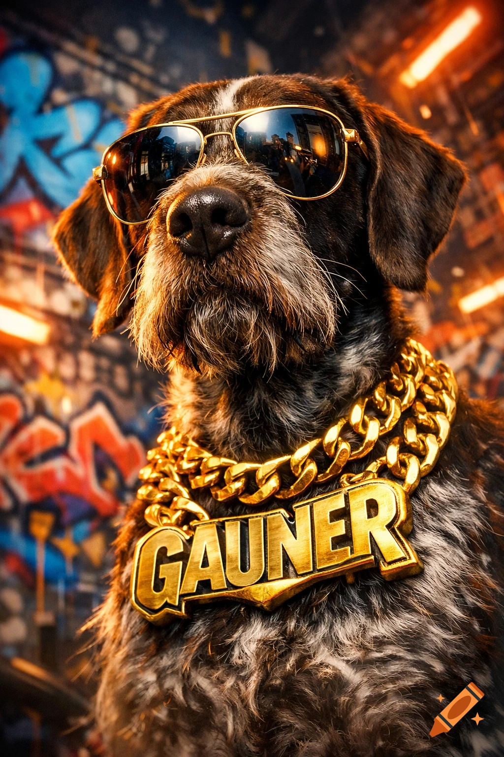 A German Wirehaired Pointer dog wearing sunglasses and a thick gold chain with a 'GAUNER' pendant against a graffiti wall.