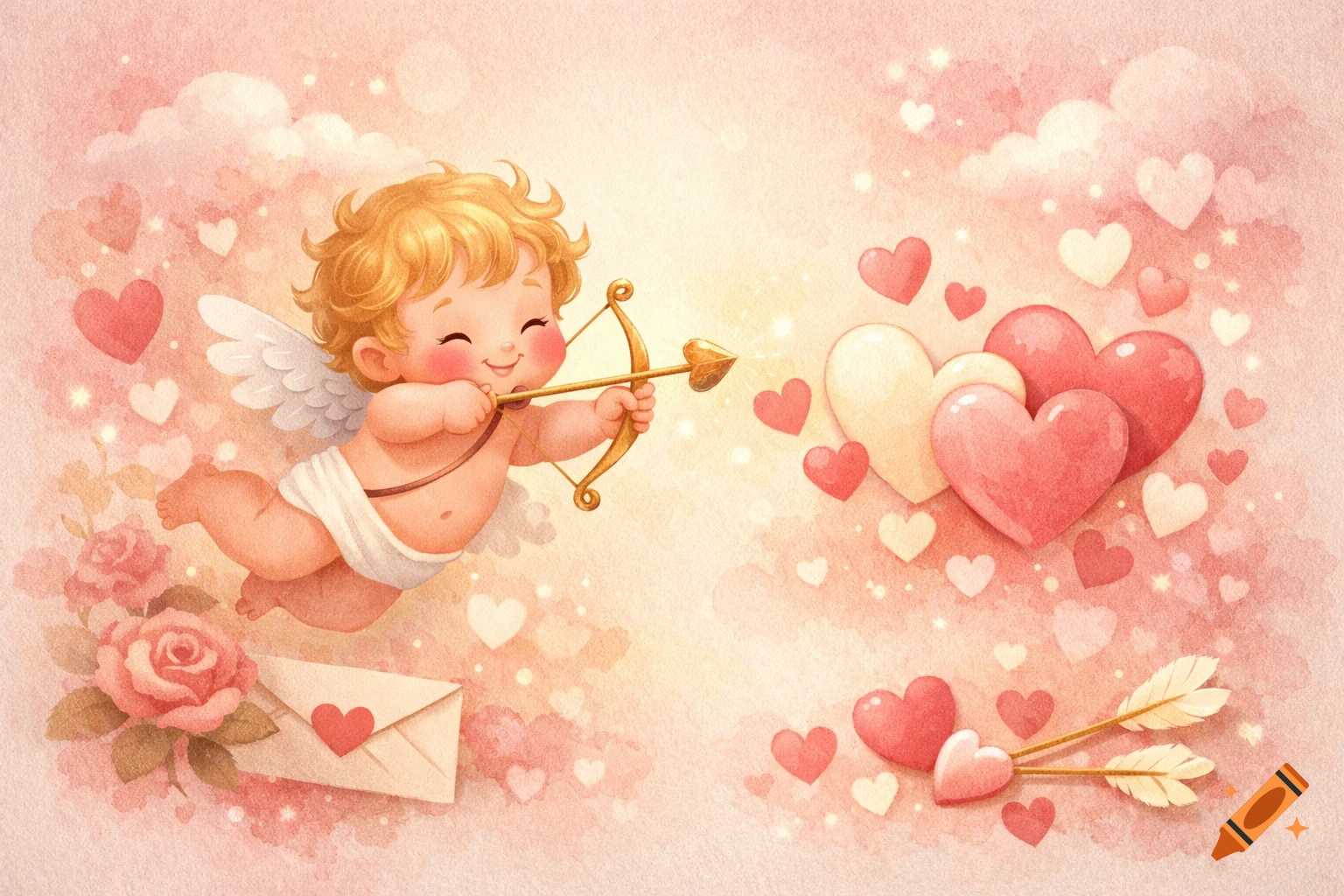 Watercolor illustration of a smiling baby cupid with wings, holding a bow and arrow, surrounded by hearts and roses.