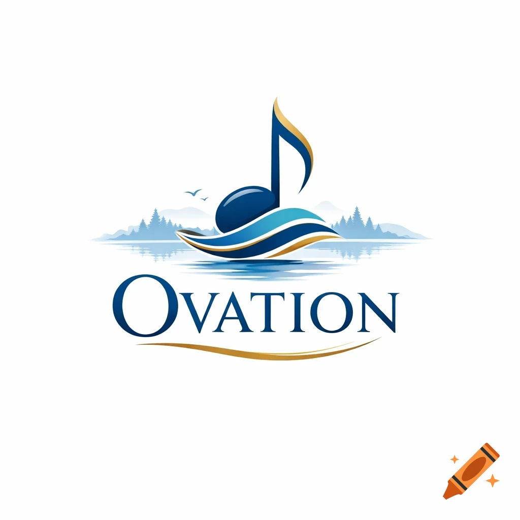 A blue and gold logo for Ovation featuring a musical note shaped like a boat on a lake with mountains and pine trees.