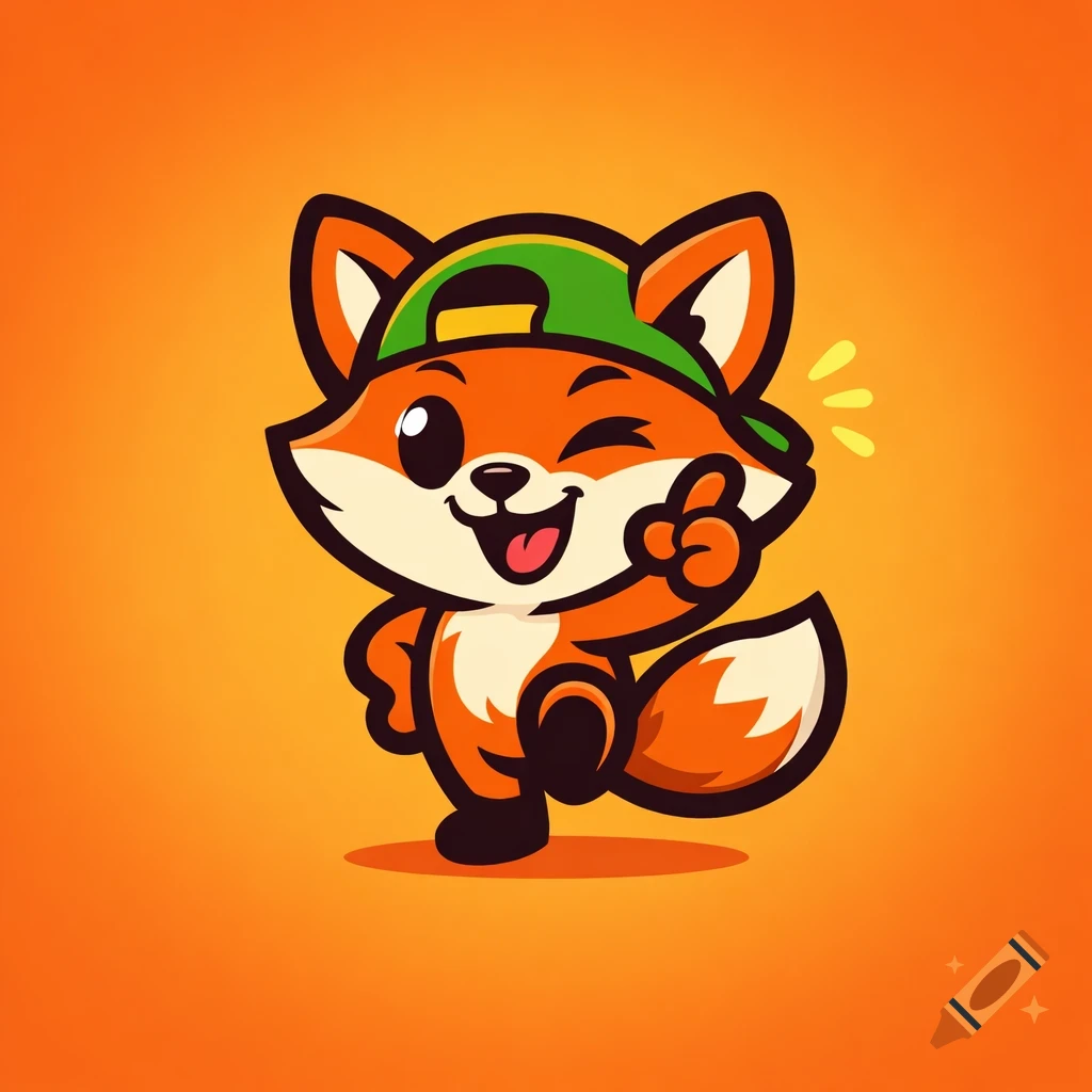 A cute, winking cartoon fox wearing a green baseball cap, making a peace sign on an orange background.