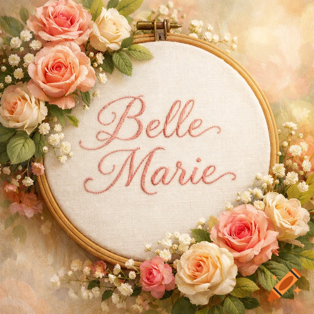 An embroidery hoop with "Belle Marie" stitched in cursive, surrounded by pink and cream roses and small white flowers.