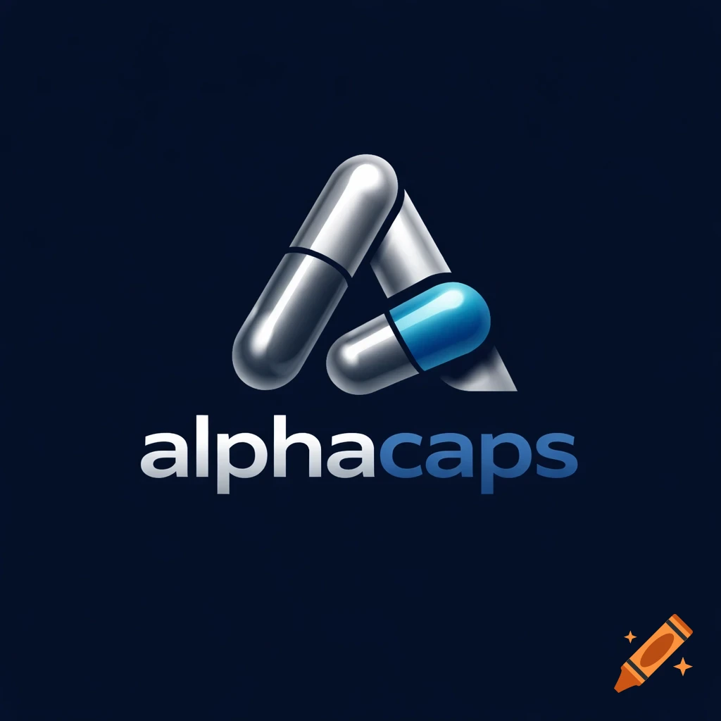 A modern logo featuring three metallic capsules forming an 'A' shape, with one blue capsule and two silver, above the text 'alphacaps' on a dark blue background.