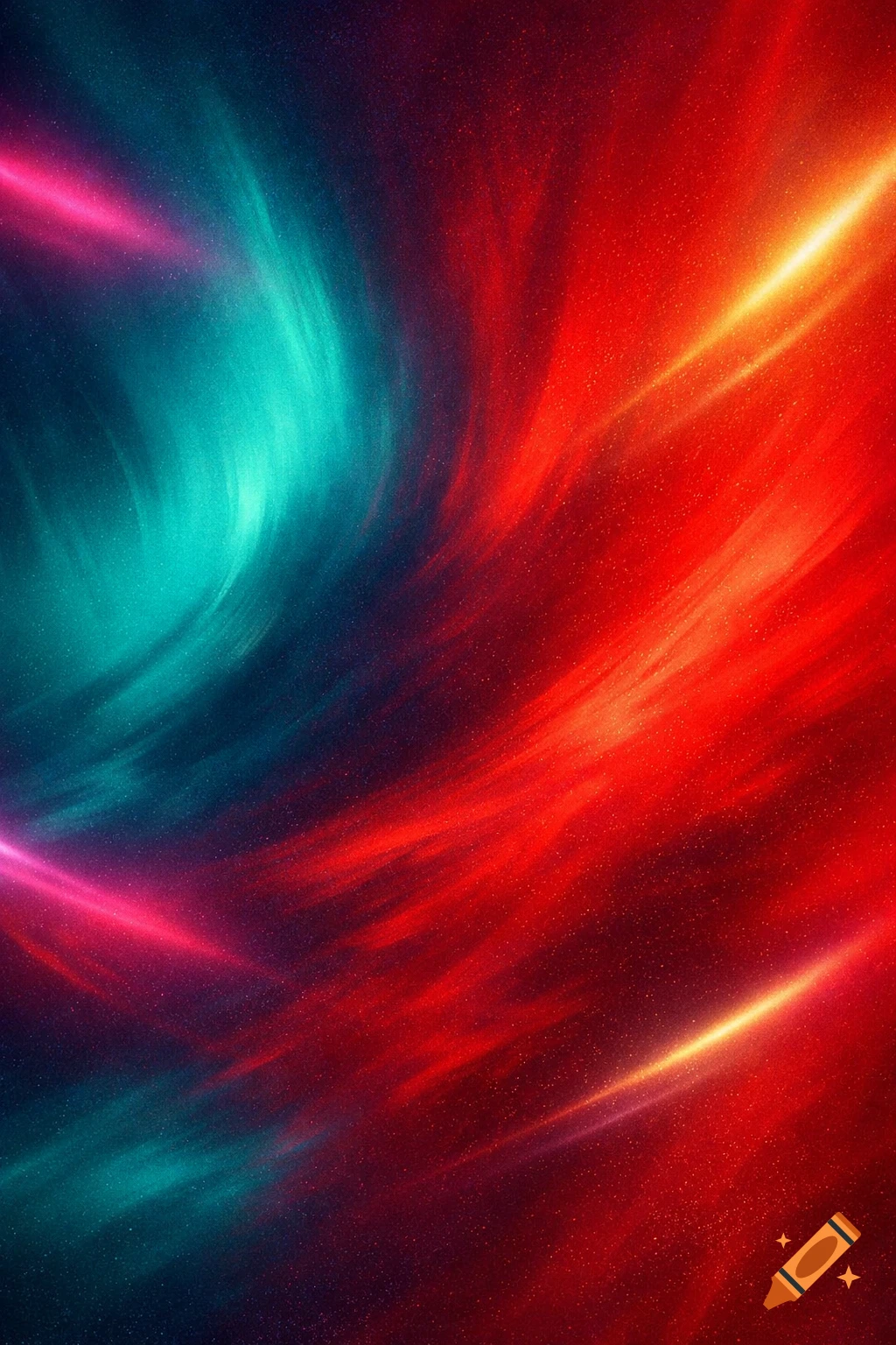Vibrant abstract background with swirling teal and red colors, bright light streaks, and a subtle starry texture.
