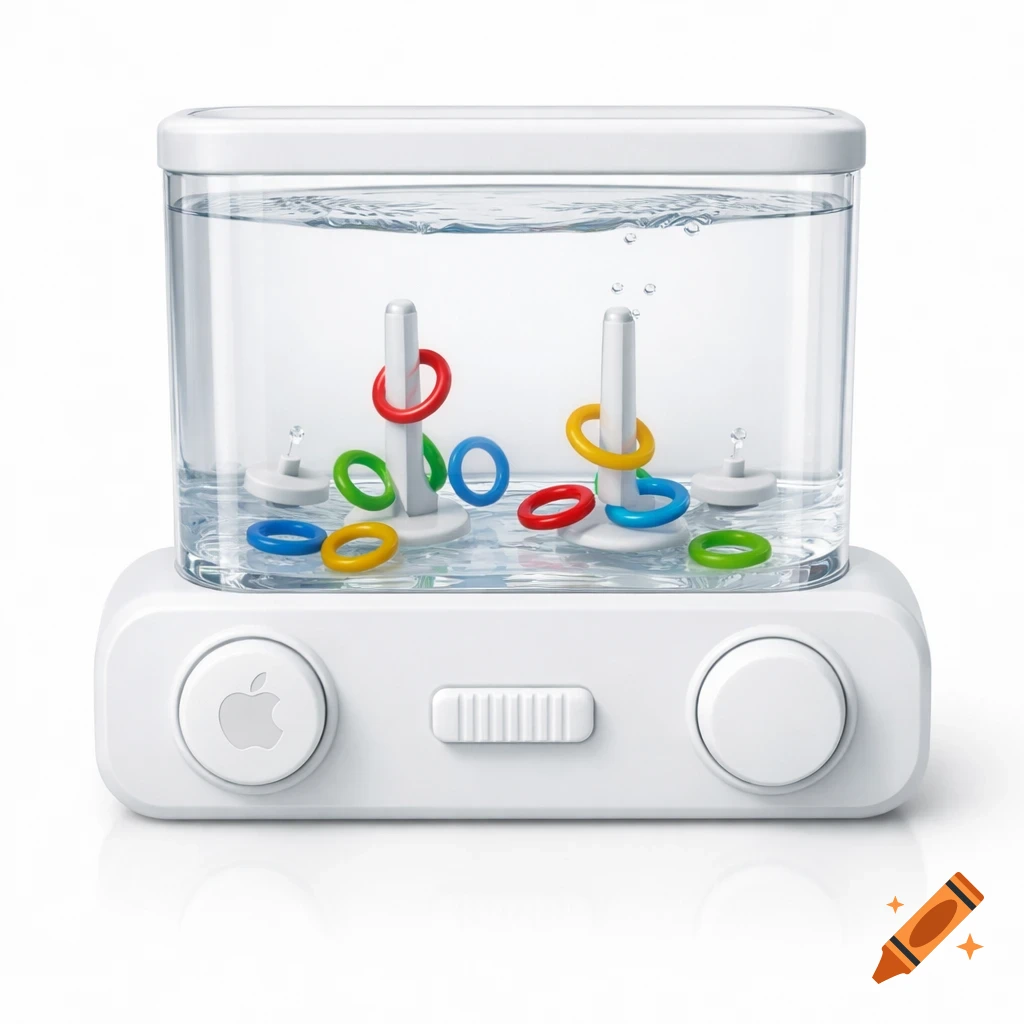 A photorealistic white water game toy with a clear tank, colorful rings, two posts, two white controls, and an Apple logo on its base, against a white background.