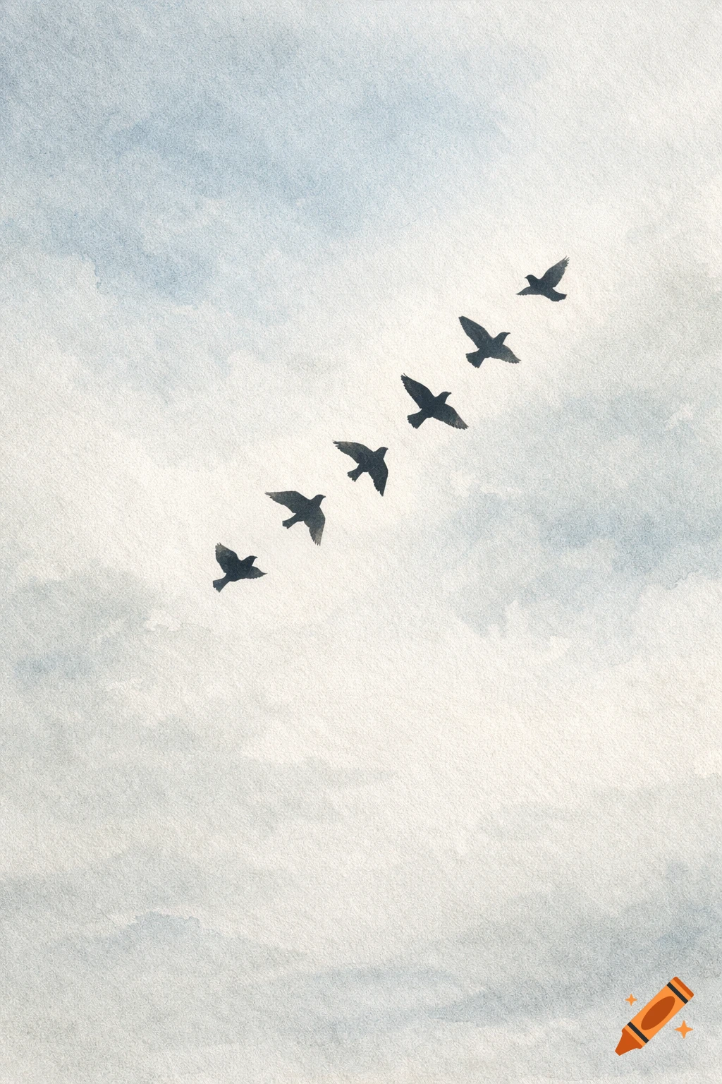 A minimalist watercolor painting shows a diagonal line of six black bird silhouettes flying across a soft blue and white cloudy sky.