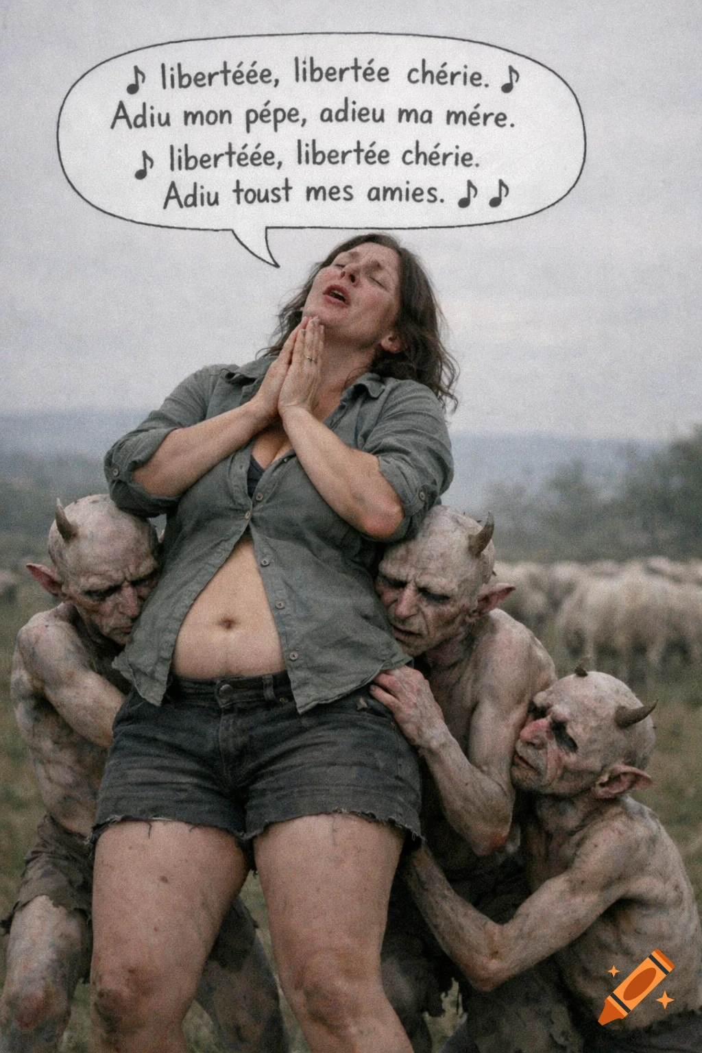 A woman with an exposed midriff and shorts, hands clasped in prayer, sings while leaning back on three grotesque, horned humanoid figures. A speech bubble above her head contains song lyrics.