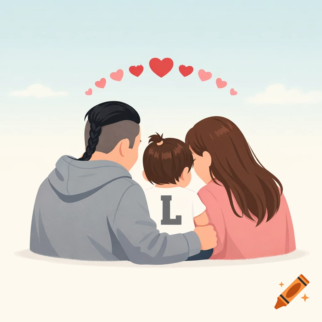 Minimalist cartoon of a family of three from behind, embracing, with red and pink hearts floating above. The child wears a shirt with the letter 'L' on its back.