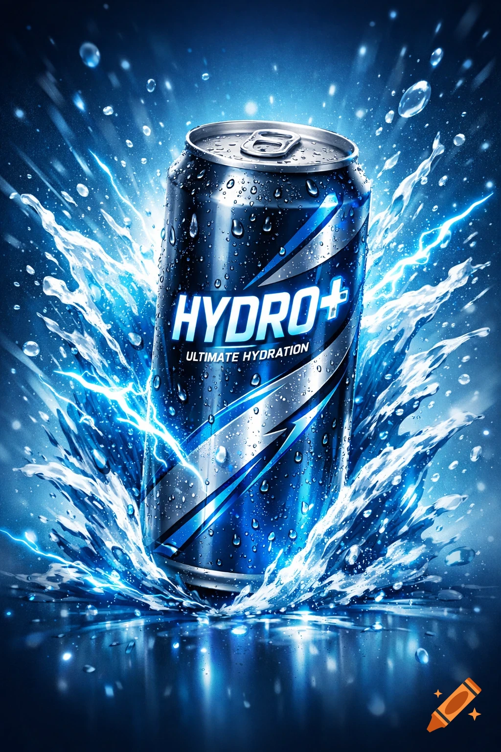 A blue and silver energy drink can, labeled "HYDRO+", bursts out of a splash of water, creating dynamic drops and reflective surfaces.