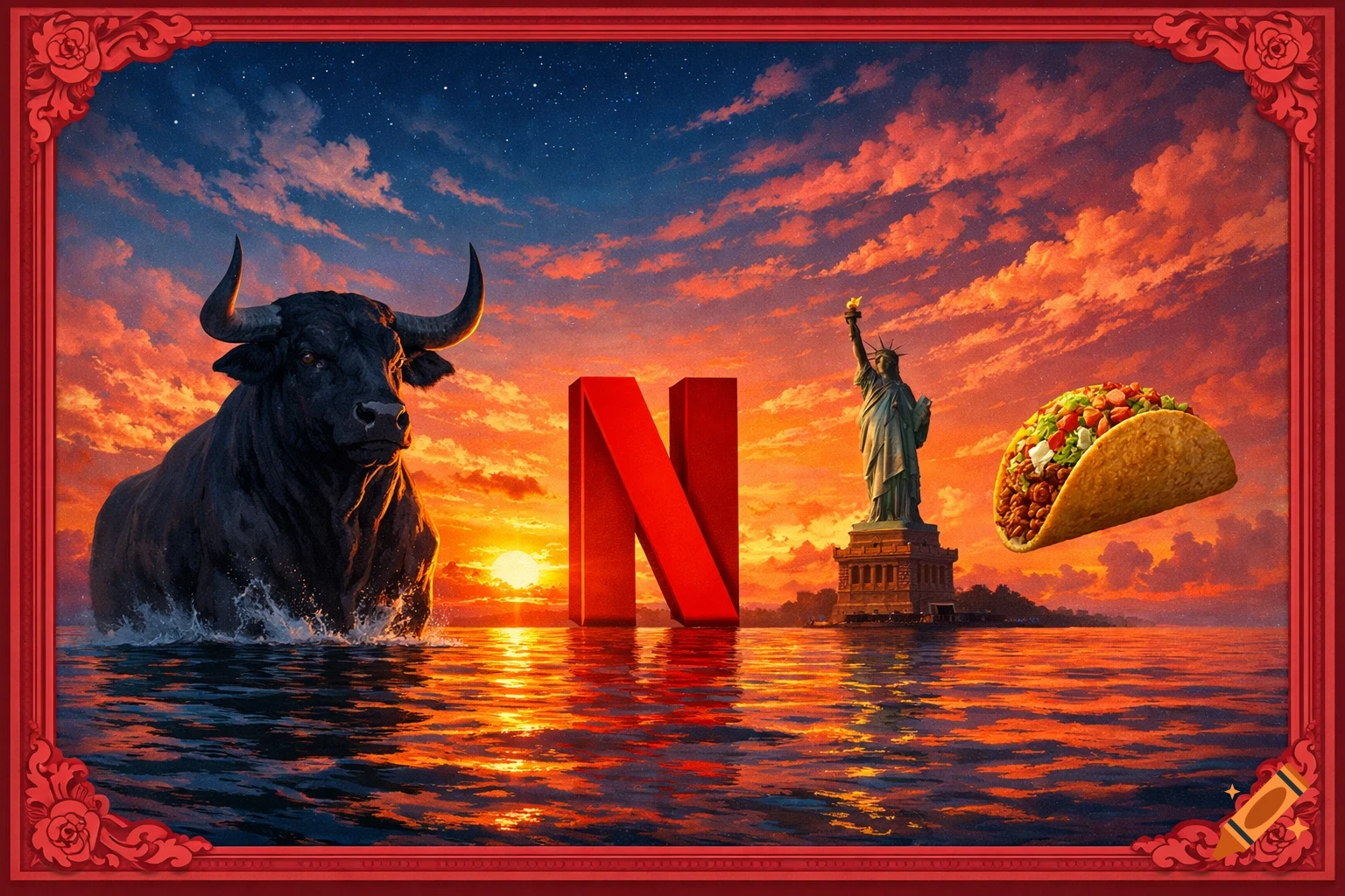 A black bull, Netflix 'N' logo, Statue of Liberty, and a taco rise from ocean water at a vibrant sunset, framed by red ornate borders.
