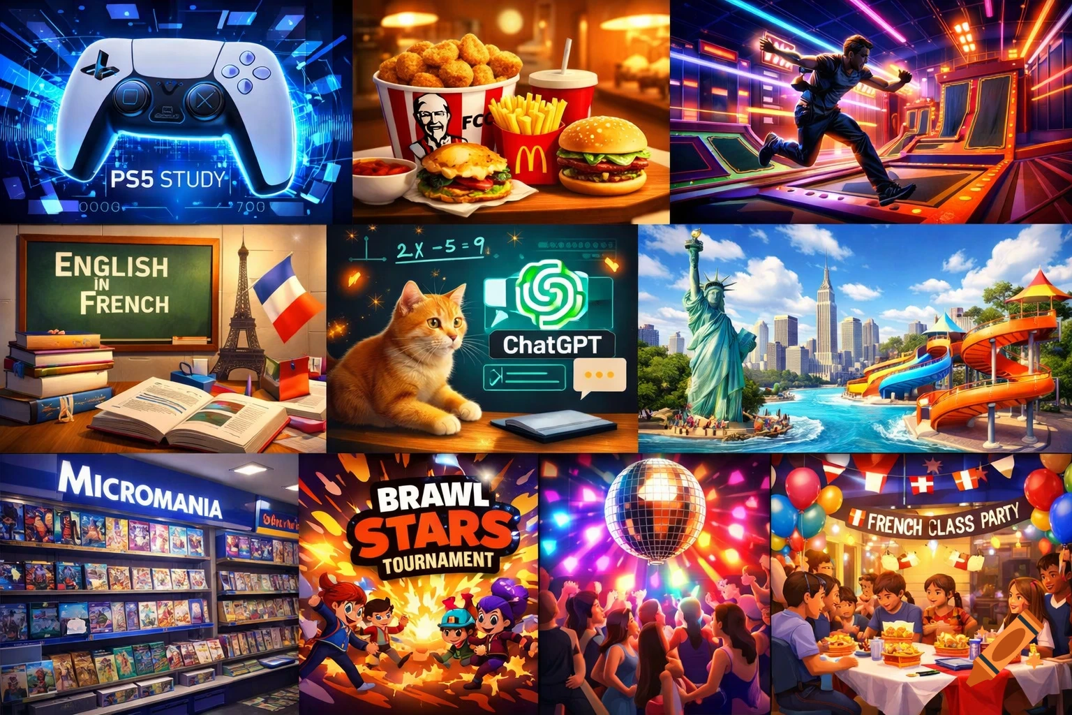 A nine-panel collage featuring various vibrant scenes: a PS5 controller, fast food, a man running in a neon sports arena, a classroom with a blackboard and books, a cat next to a ChatGPT interface, the Statue of Liberty with a city skyline and water park, a video game store, a Brawl Stars tournament graphic, and a disco party with a French class party.