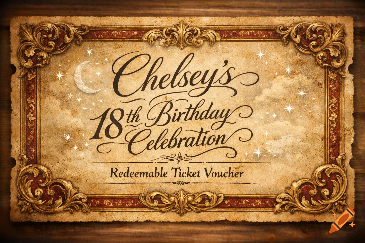 Vintage-style birthday ticket voucher for Chelsey's 18th birthday, with an ornate gold and red border, parchment background, and elegant script.