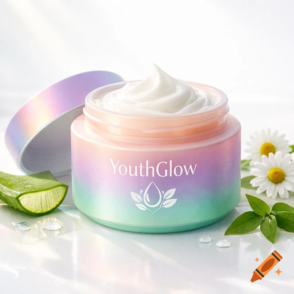 YouthGlow facial cream in a pastel gradient jar with whipped cream, surrounded by aloe vera, chamomile, and green leaves.