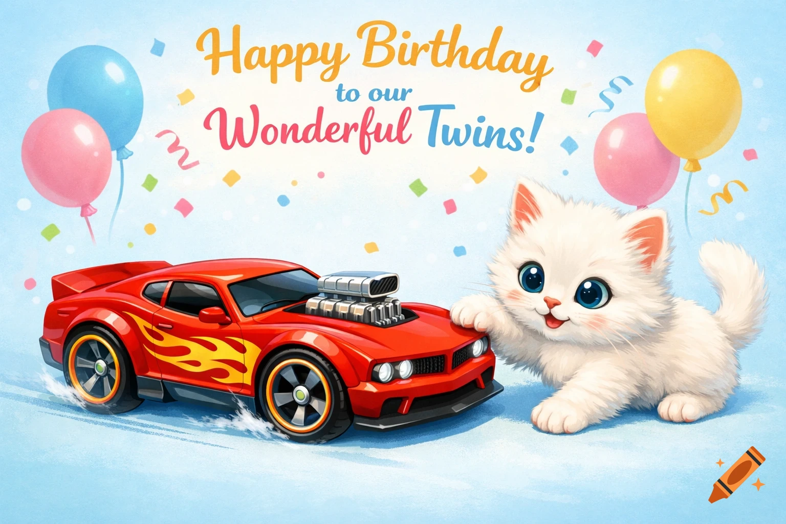 A cute cartoon kitten playfully paws a red hot rod car on a light blue background, adorned with balloons, confetti, and "Happy Birthday to our Wonderful Twins!" text.