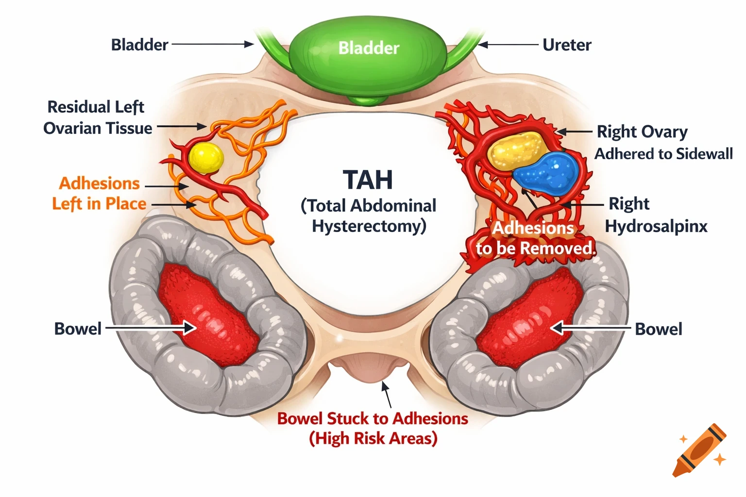 Medical diagram of a female pelvis, top-down view, showing bladder, ureter, ovaries, bowel, and adhesions with labels.