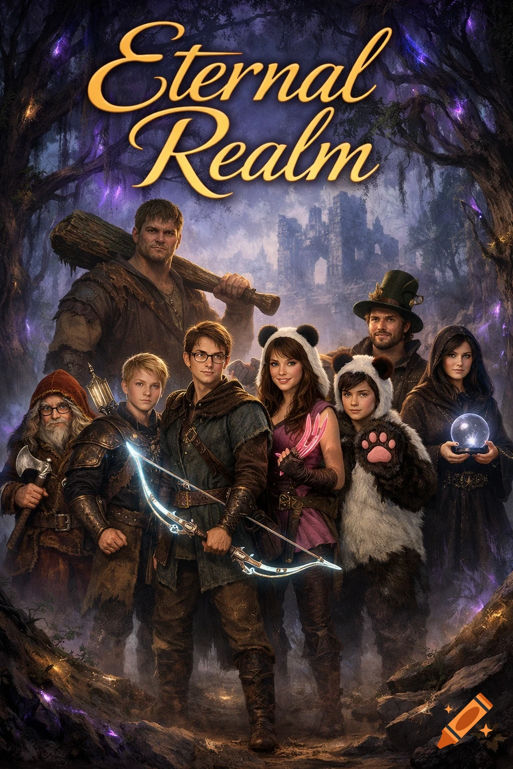 A group of diverse fantasy characters, including archers, a giant, a wizard, and a panda-suited child, stand in an enchanted forest with ruins, under the title "Eternal Realm".