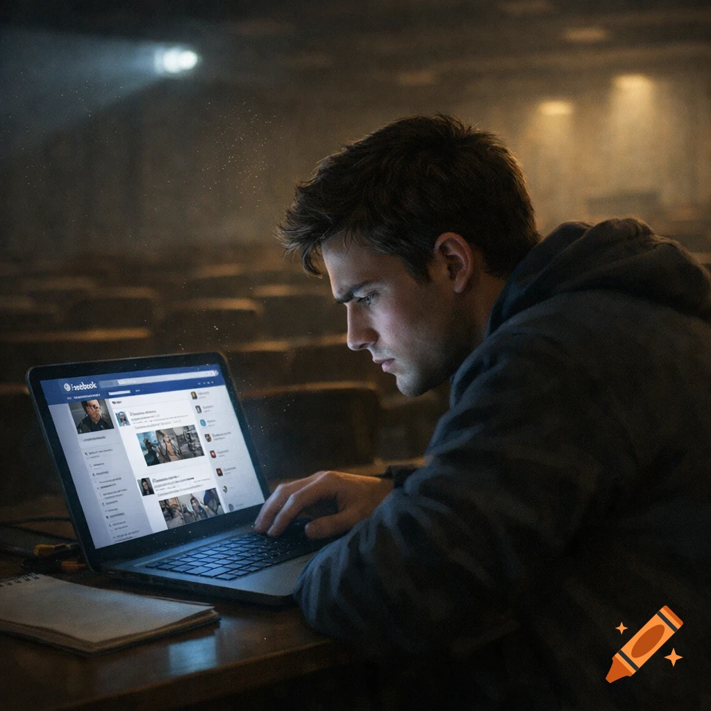 A college student intently uses a laptop displaying a social media feed, sitting in a dimly lit classroom.