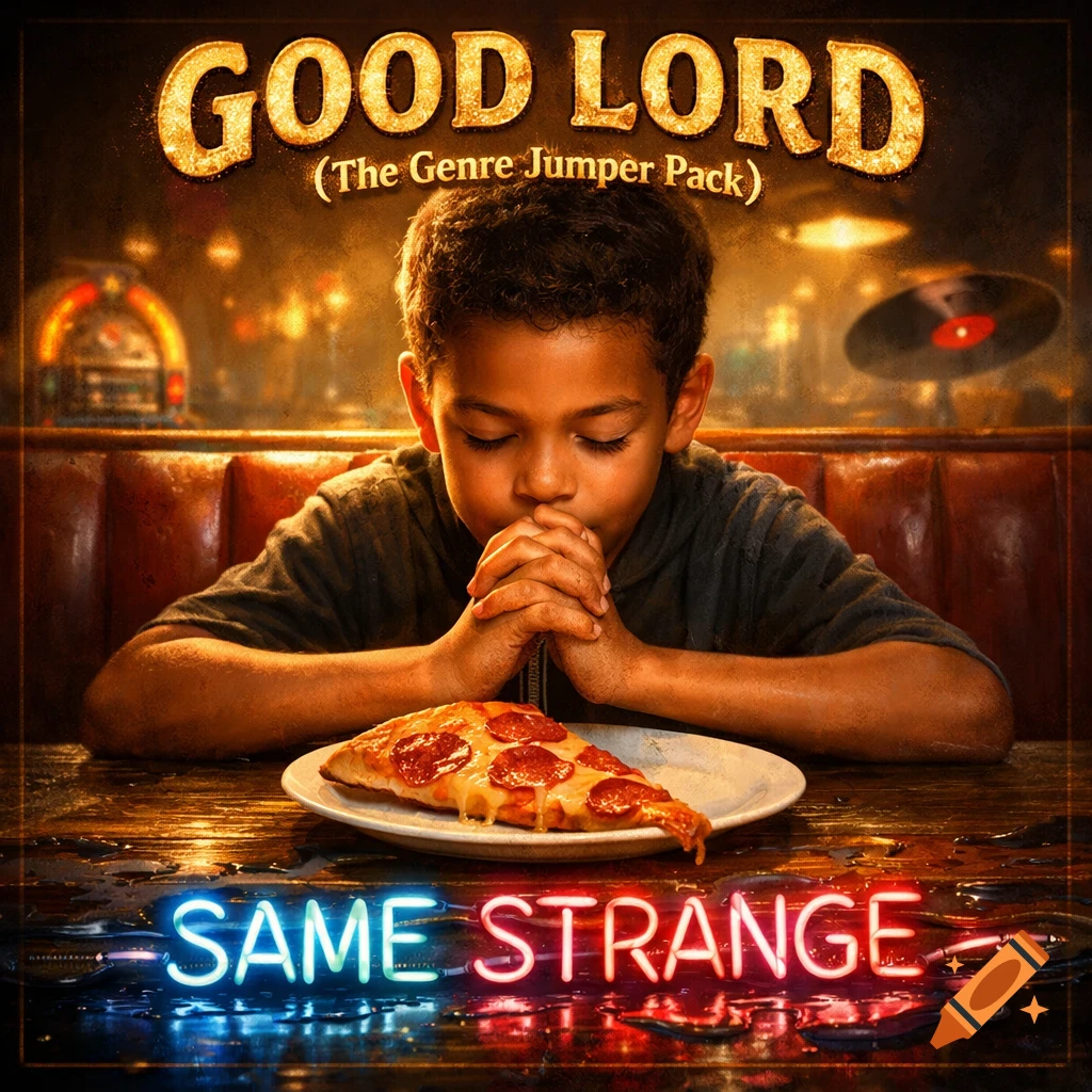 Photorealistic image of a boy praying over a pepperoni pizza slice at a diner table, with 'GOOD LORD' and 'SAME STRANGE' text, styled as an album cover.