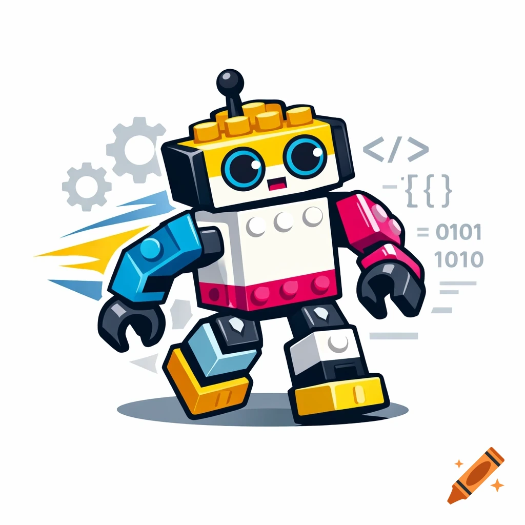 A colorful, block-built robot with big blue eyes walks, surrounded by gears and programming code symbols in a clean illustration style.