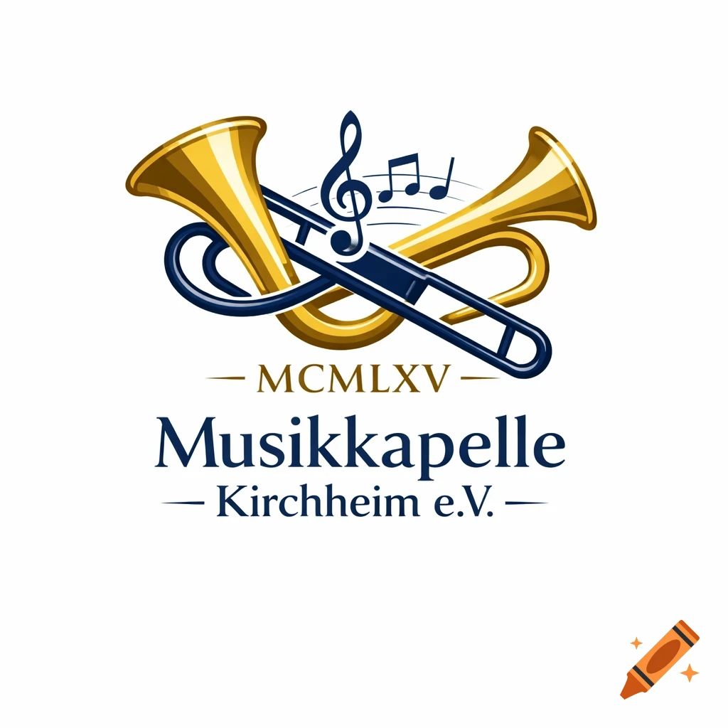 A logo featuring a gold trumpet and a blue trombone crossed, with a treble clef and musical notes, above the text 'MCMLXV Musikkapelle Kirchheim e.V.'