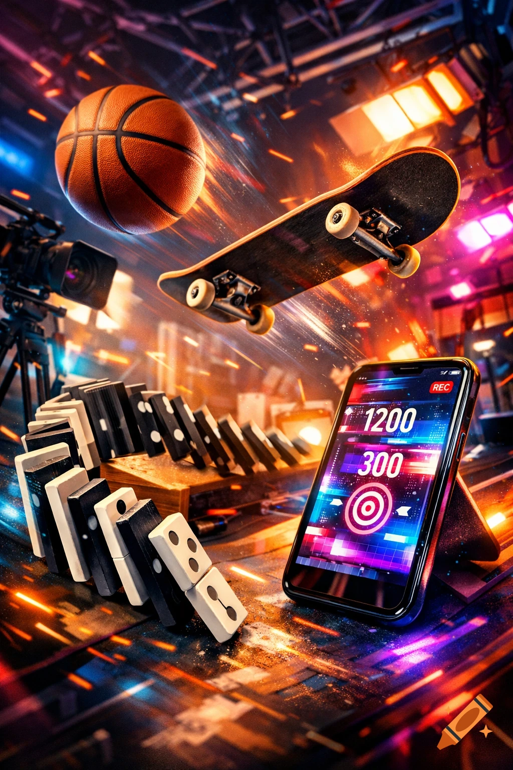 A vibrant, dynamic shot of a basketball, skateboard, dominoes, camera, and a smartphone with a gaming interface.