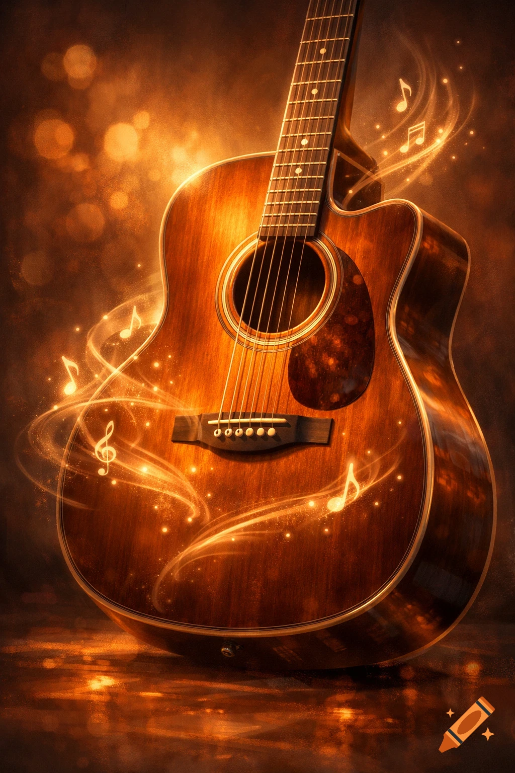 A detailed acoustic guitar glowing with sparkling light and musical notes on a dark, bokeh background.