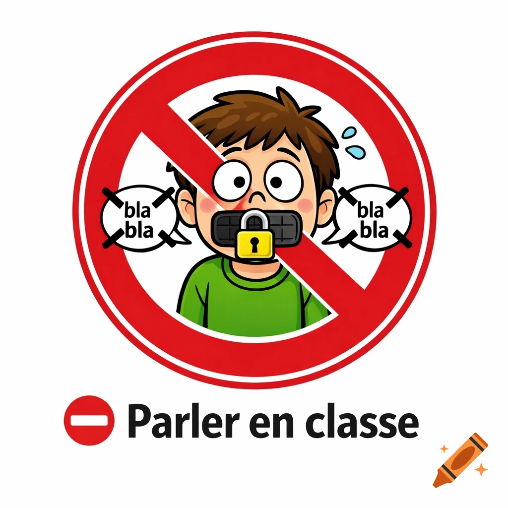 A cartoon 'No Talking in Class' sign with a boy wearing a padlock on his mouth and crossed-out 'bla bla' speech bubbles.