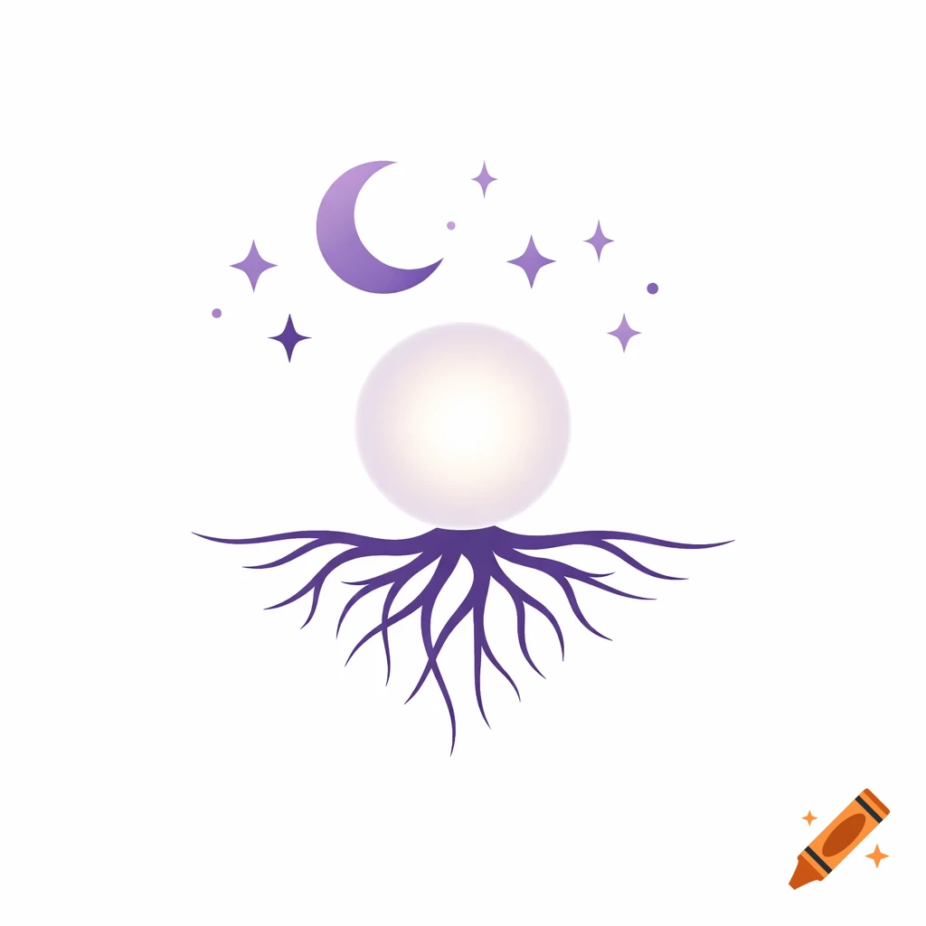Minimalist logo illustration of a glowing orb above purple roots, with a crescent moon and stars above, on a white background.