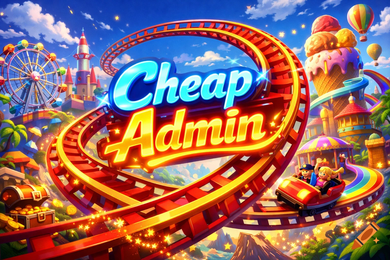 A vibrant, colorful Roblox-style amusement park with a roller coaster track displaying "Cheap Admin", ferris wheel, and ice cream cone.