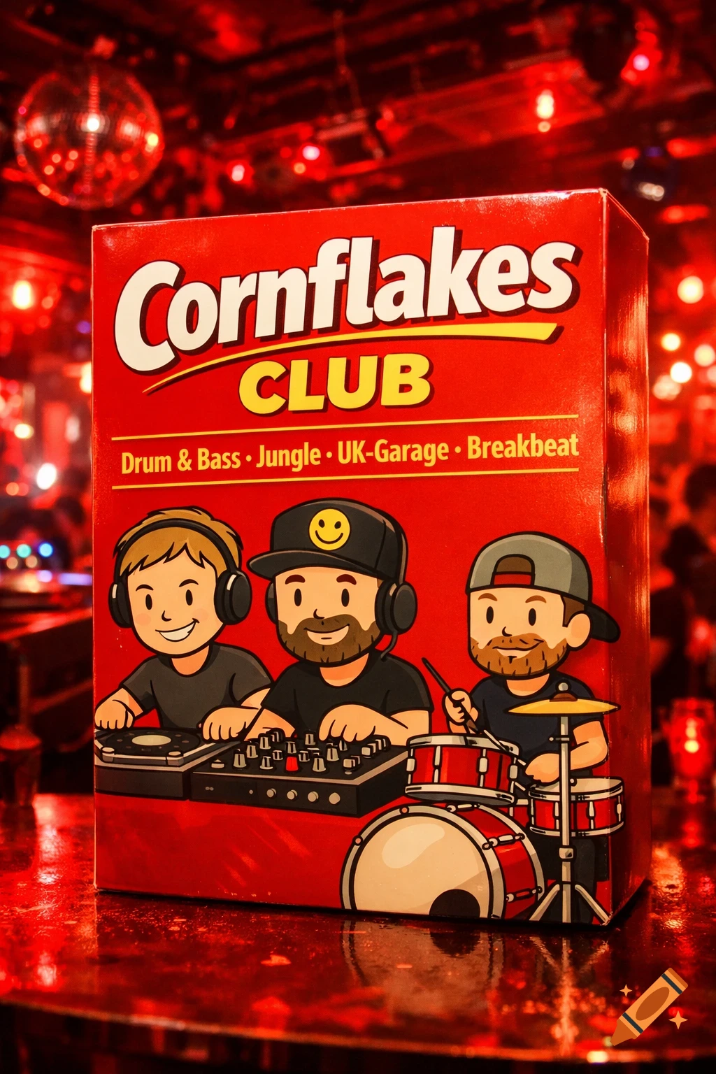 Red 'Cornflakes Club' cereal box with cartoon DJs and a drummer, listing music genres, in a dimly lit club with a disco ball.