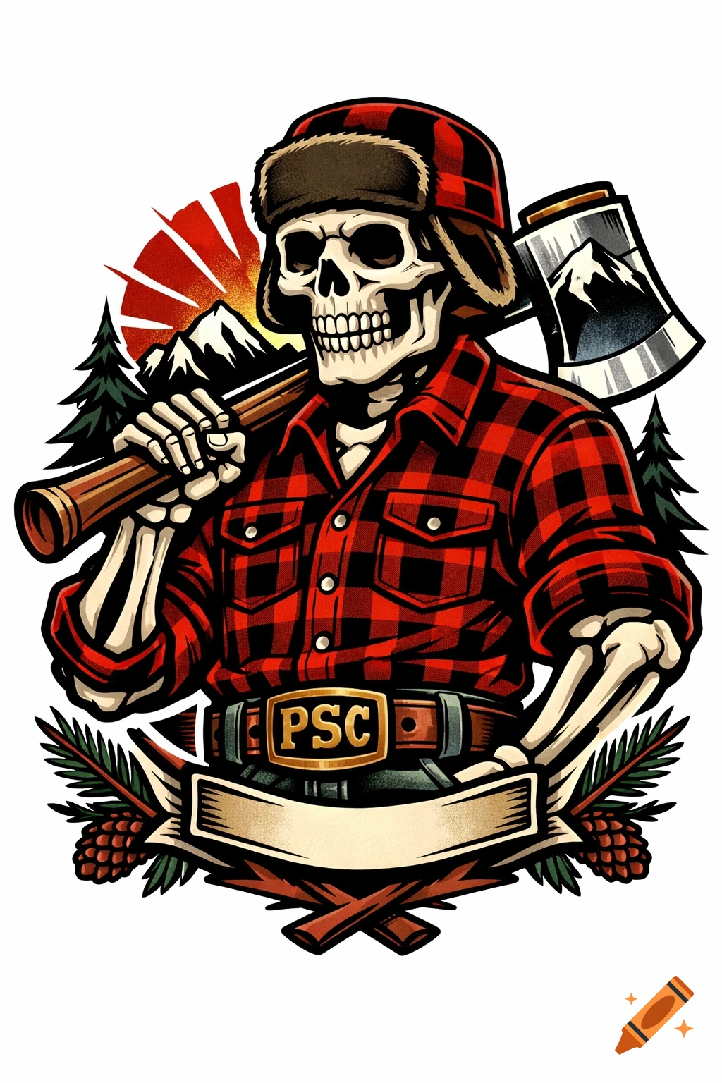 Neo-traditional tattoo art of a skeleton lumberjack wearing a plaid shirt and a fur-lined hat, holding an axe, with mountains and trees in the background.