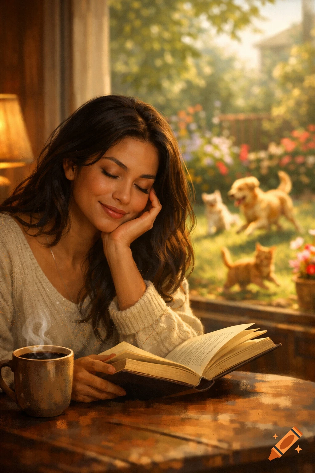 A woman with dark hair peacefully reads a book and drinks coffee indoors, while playful dogs and a cat are outside in a sunny garden.