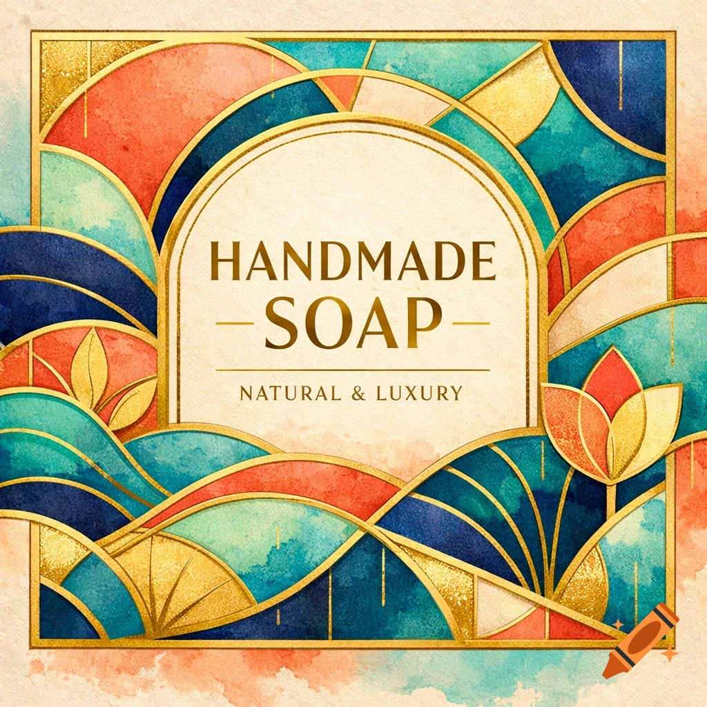 An Art Deco style label for handmade soap with gold lines, watercolor textures in teal, navy, coral, and cream, featuring geometric and floral patterns.