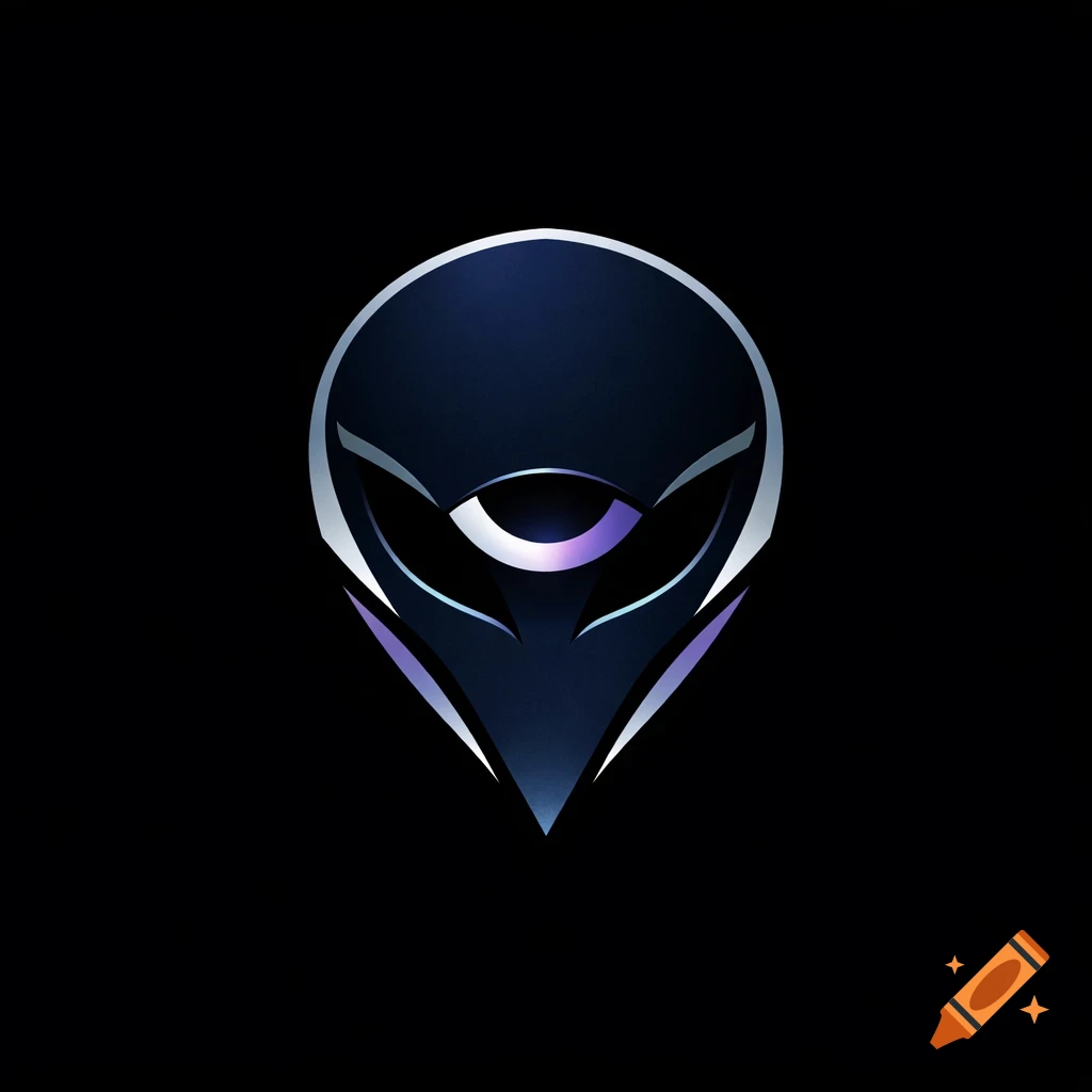 Minimalist metallic alien head logo on a black background.