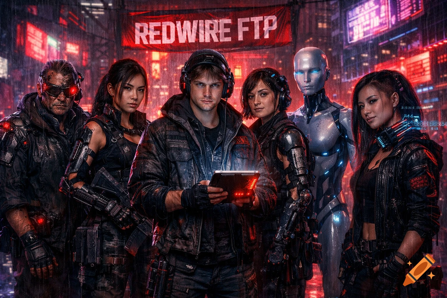 A diverse group of cyberpunk characters, including humans and an android, stand in a rainy, neon-lit dystopian city under a 'REDWIRE FTP' banner.