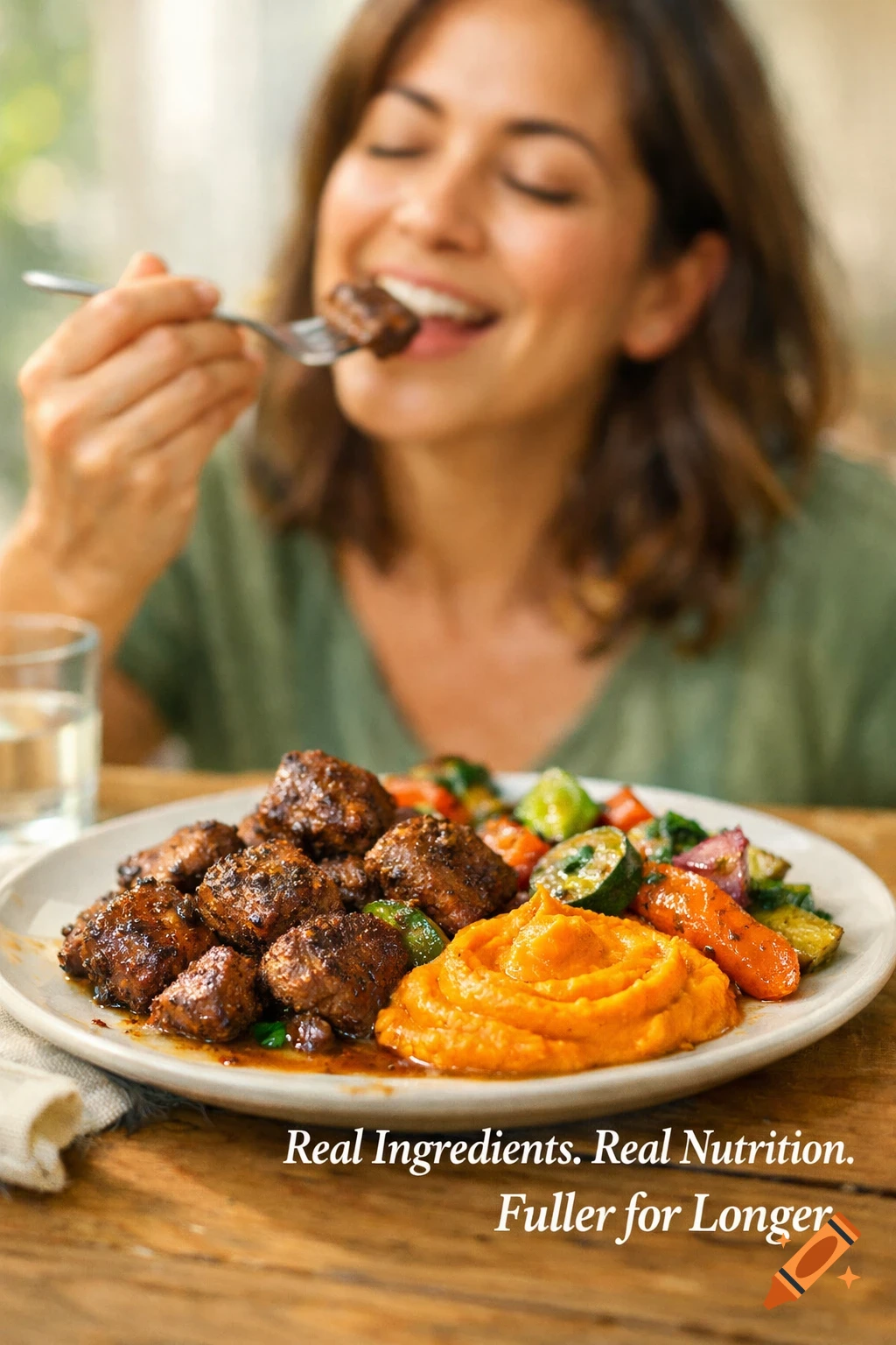A blurred woman with her eyes closed happily eats a forkful of food from a plate of spiced lamb, sweet potato puree, and roasted vegetables. Photorealistic.