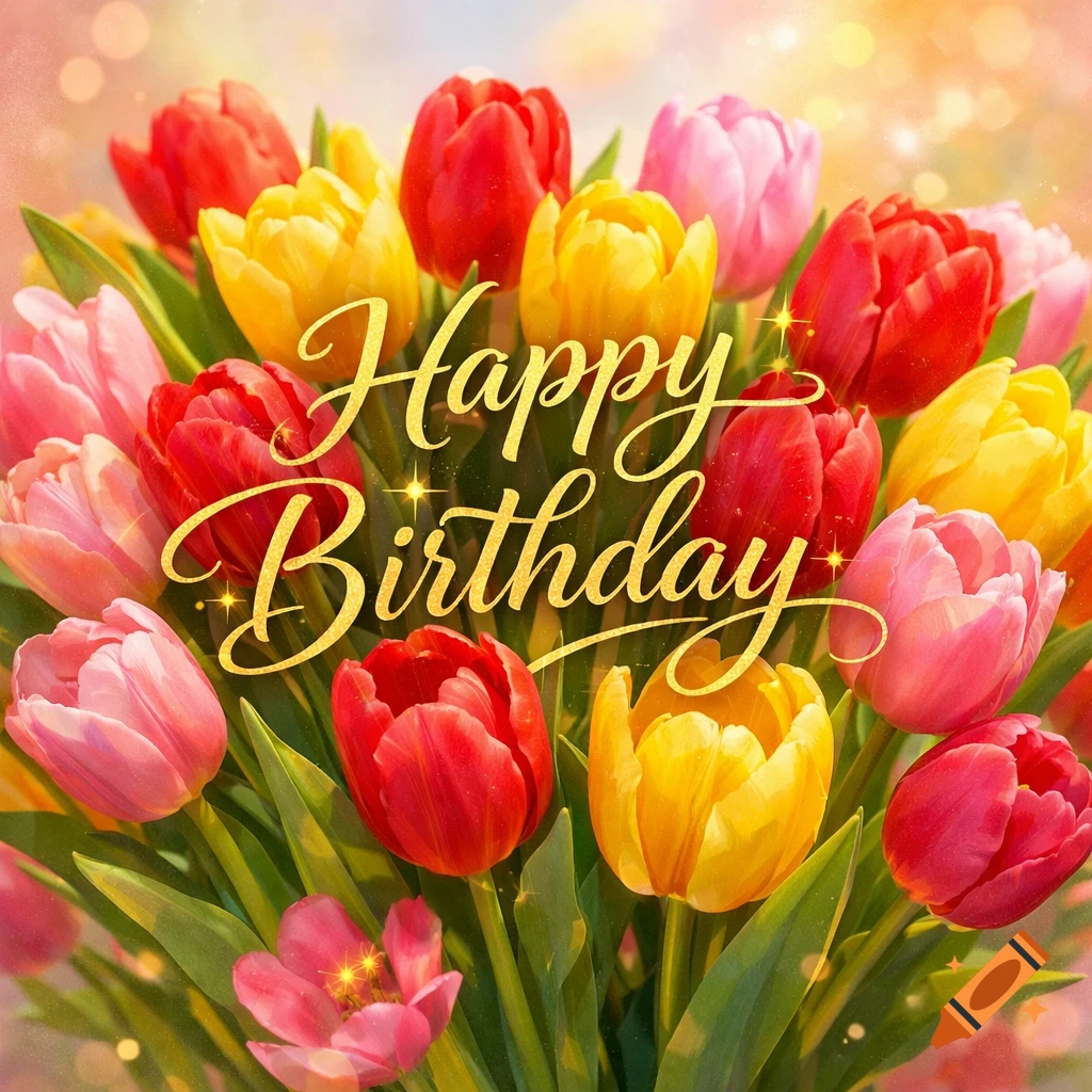 A vibrant bouquet of red, yellow, and pink tulips with 'Happy Birthday' text in golden cursive.