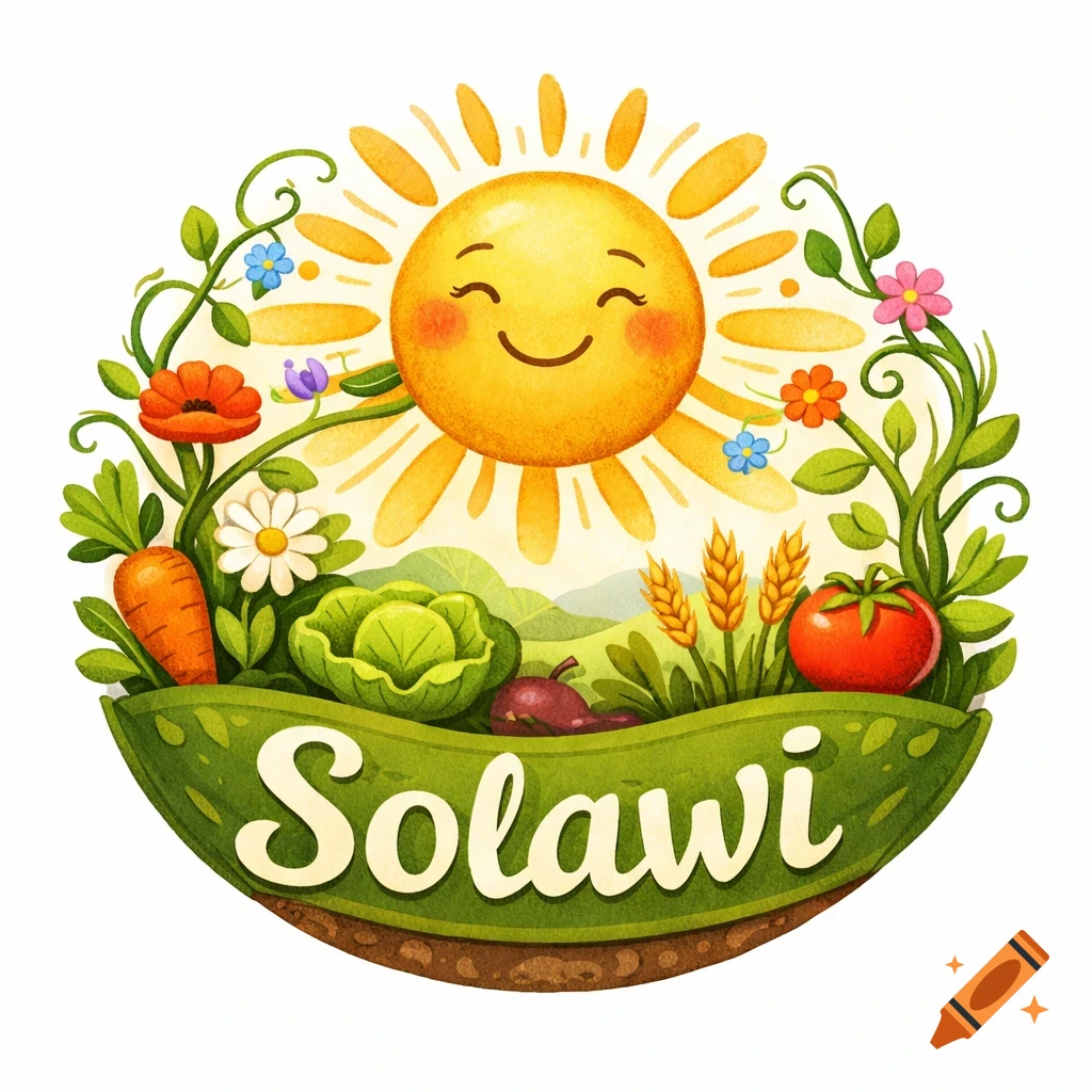 A whimsical logo featuring a smiling sun surrounded by garden vegetables like carrots, cabbage, tomatoes, wheat, and flowers, with "Solawi" on a green banner.