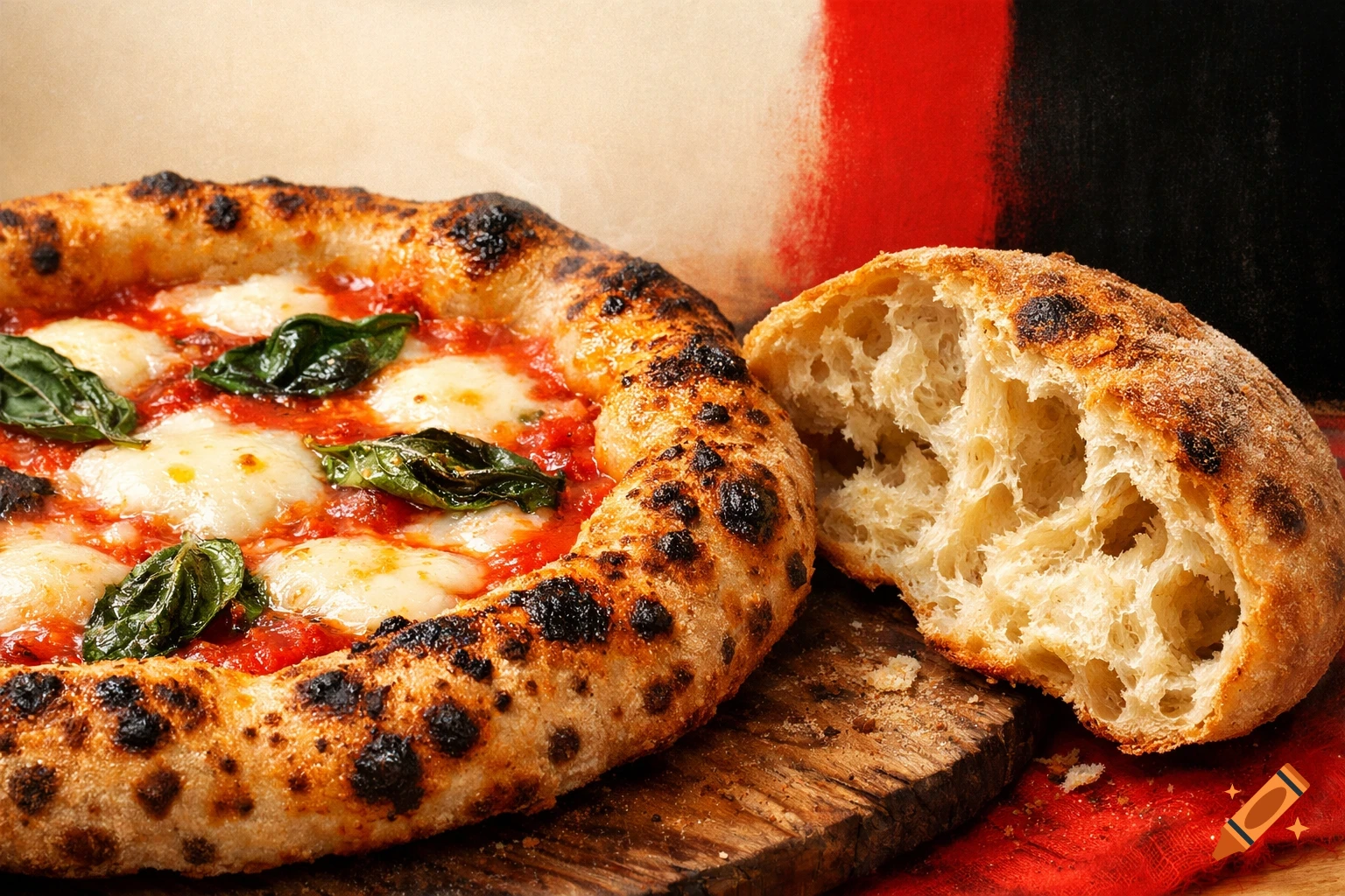 Close-up of a Neapolitan pizza with melted mozzarella and fresh basil, next to a torn piece of crusty bread.